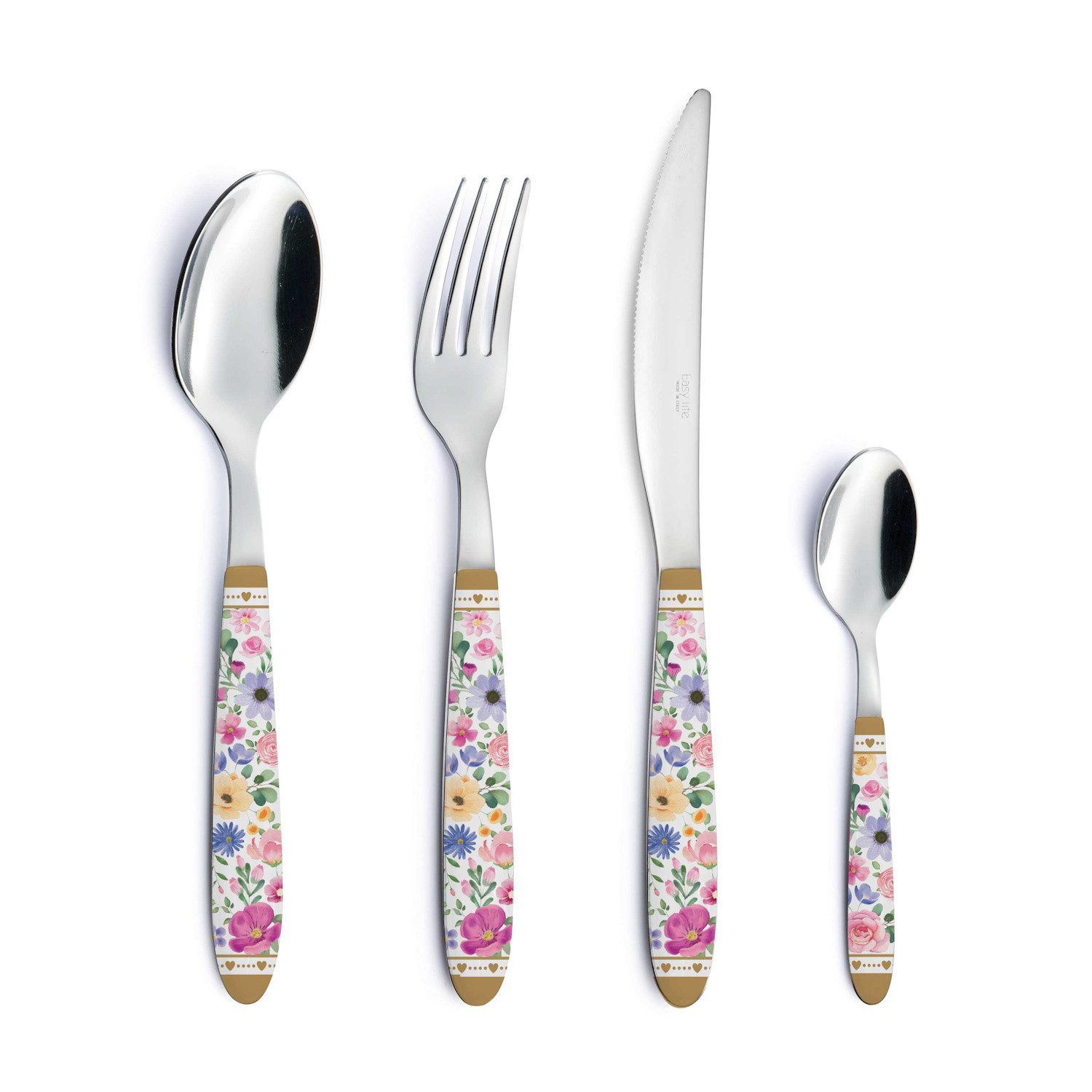 EasyLife Besteck-Set Mon Amour, Stahl, Spülmaschinengeeignet, Mehrfarbig, Motiv: Herzen und Blumen