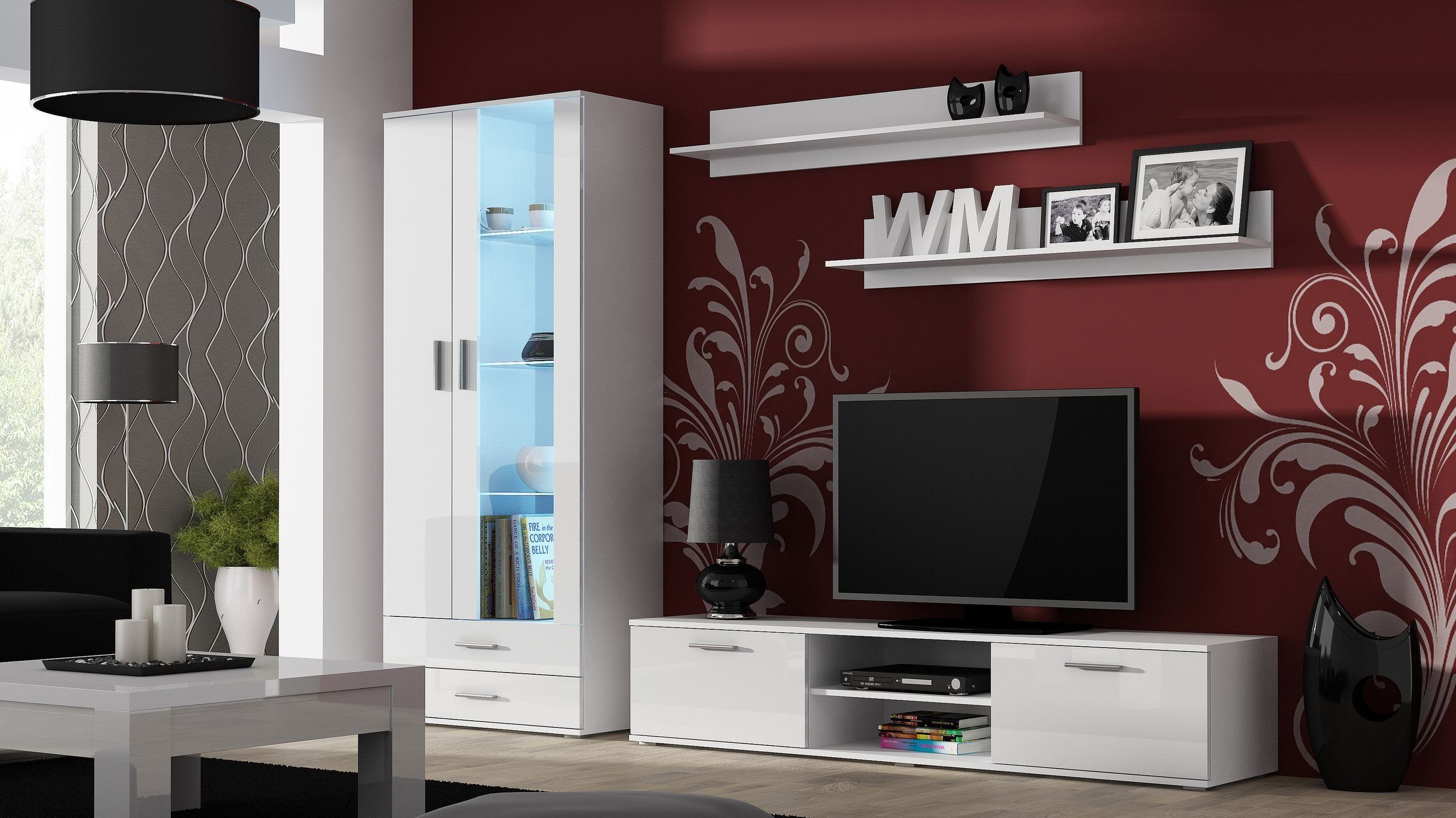 99rooms Wohnwand Saho VIII, (Set (4-St), Wohnmöbel, Wohnzimmer-Set), 2xWandboard, 1xLowboard und 1xStandvitrine, inkl. LED, Glaselemente