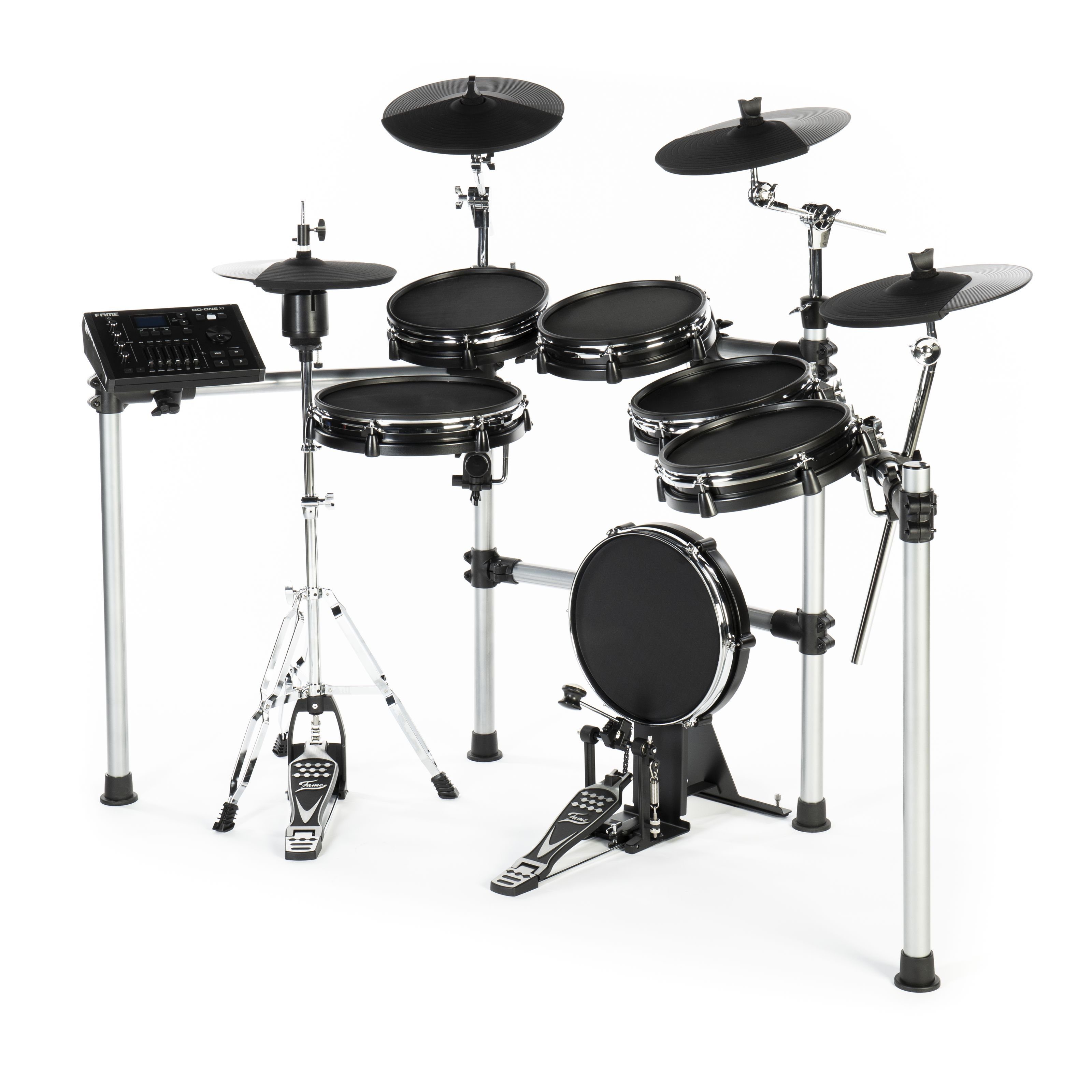 FAME E-Drum,DD-ONE Pro XT E-Drum Set Elektronisches Schlagzeug-Set mit echter HiHat 12" Snare-Pad und 12" Kick-Pad 554 deutsche Studio-Sounds 78 Drumsets Aux MIDI MP3 und Effekten inkl. Rack Schwarz, E-Drums, E-Drum Sets, DD-ONE Pro XT, E-Drum Set, Elektronisches Schlagzeug, HiHat