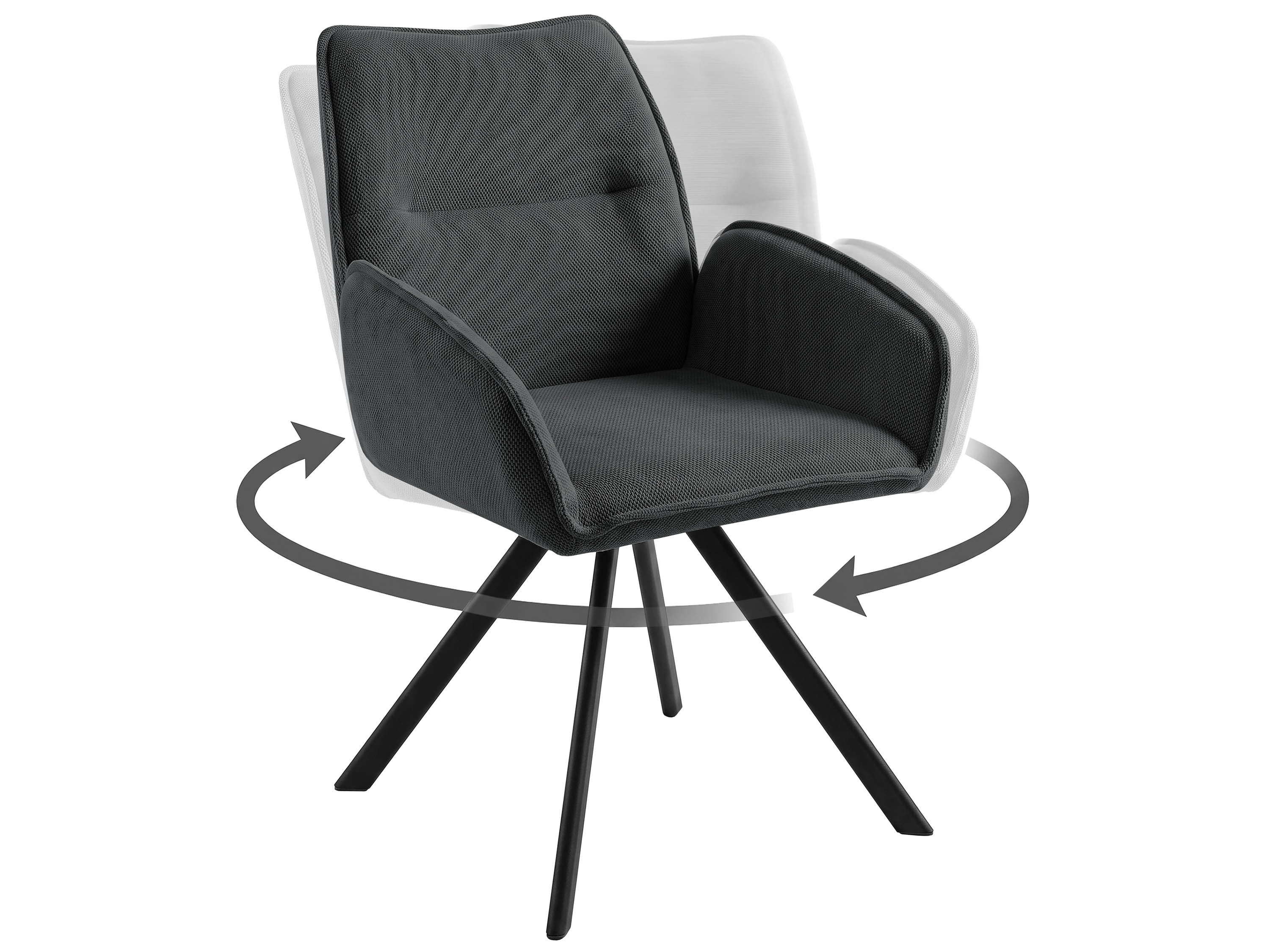 Beautysofa Drehstuhl Zerra Esszimmerstuhl 360° drehbar mit Armlehnen (gepolsterter Esszimmersessel aus Strukturstoff, 1 St), Drehstuhl mit schwarzem Metallgestell
