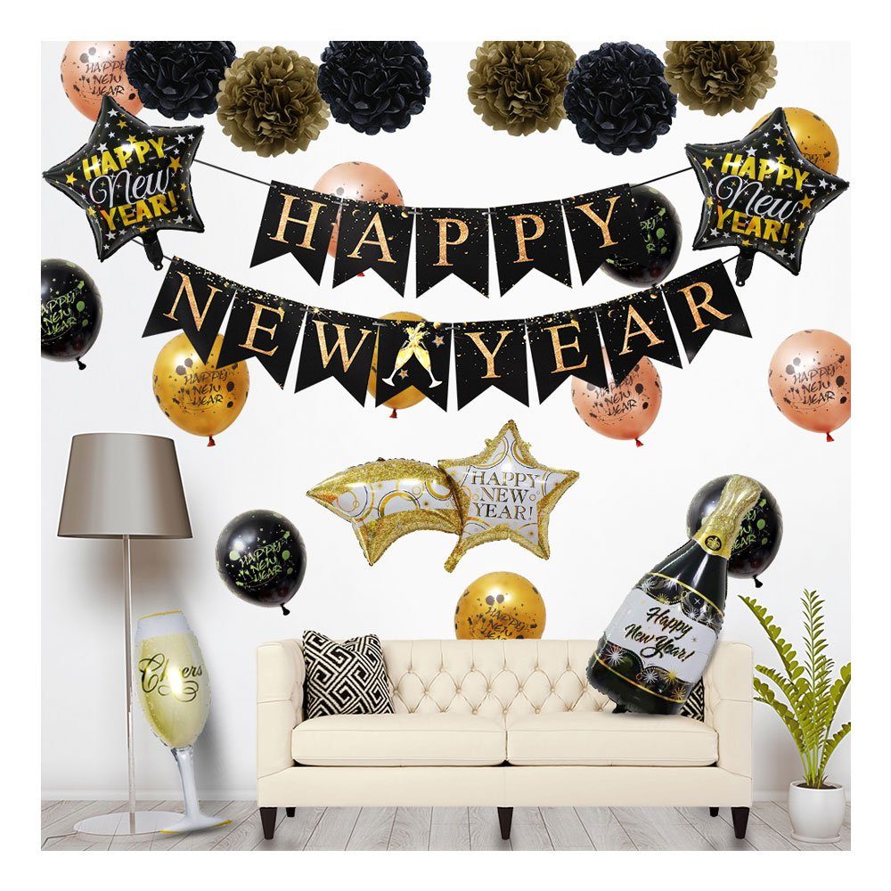 Vivi Idee Silvester deko Year, New Banner Luftballon Partydeko Set Papier Luftballon Neujahr Happy