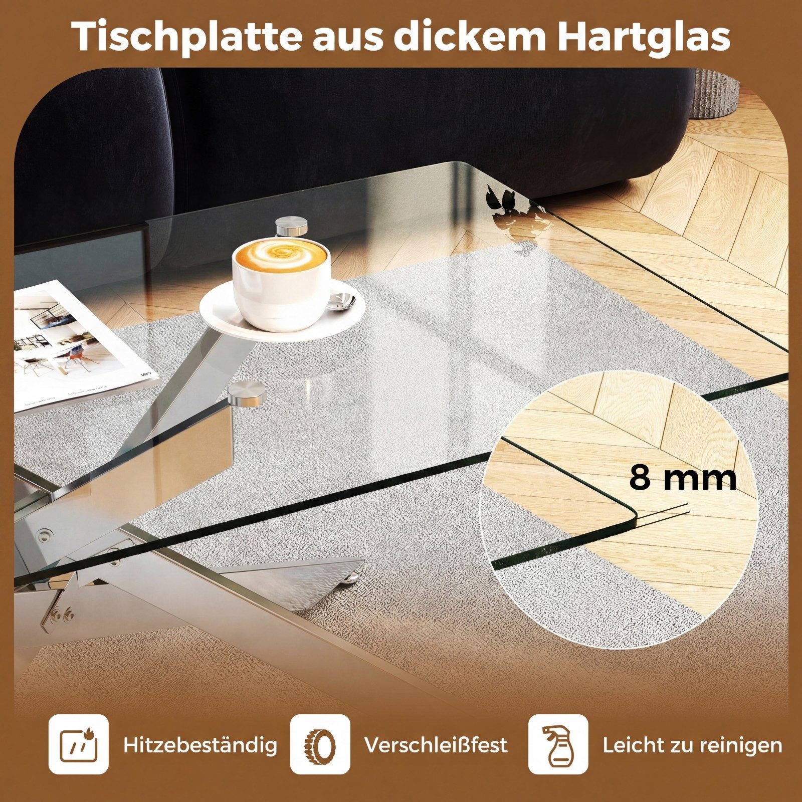COSTWAY Couchtisch, rechteckiger Glastisch mit Metall-Rohrrahmen Wohnzimmertisch