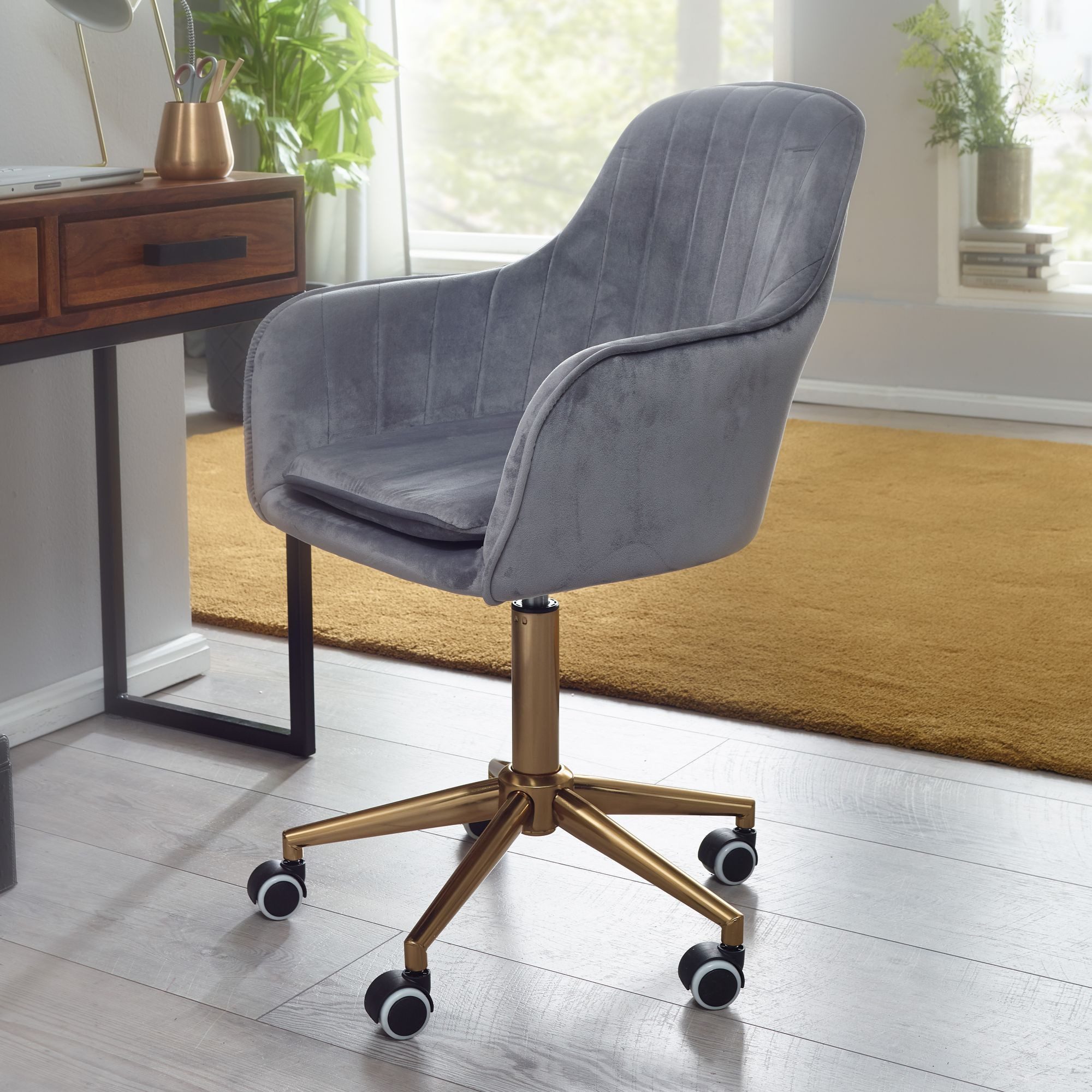 FINEBUY Schalenstuhl Schreibtischstuhl Samt Drehstuhl mit Lehne 120 kg Stuhl (Design Schalenstuhl Drehbar mit Lehne, Samt Grau), Drehbar, Schreibtischstuhl 120 kg Höhenverstellbar