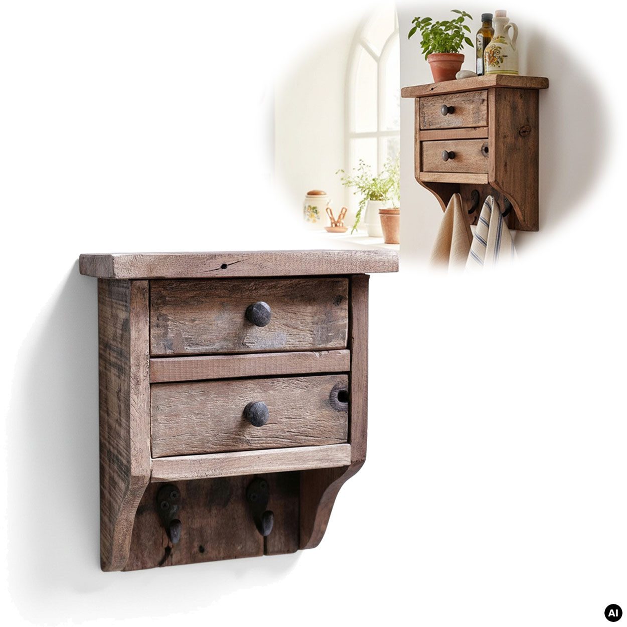 LS-LebenStil Küchenregal Vintage Dehli 25cm hängend Schubladenregal Wandregal Wandboard, Schlüsselkasten Gewürzregal Hängeregal Holzregal 1-tlg., 2 Schubladen, 2 Haken für Handtücher oder Küchtentücher