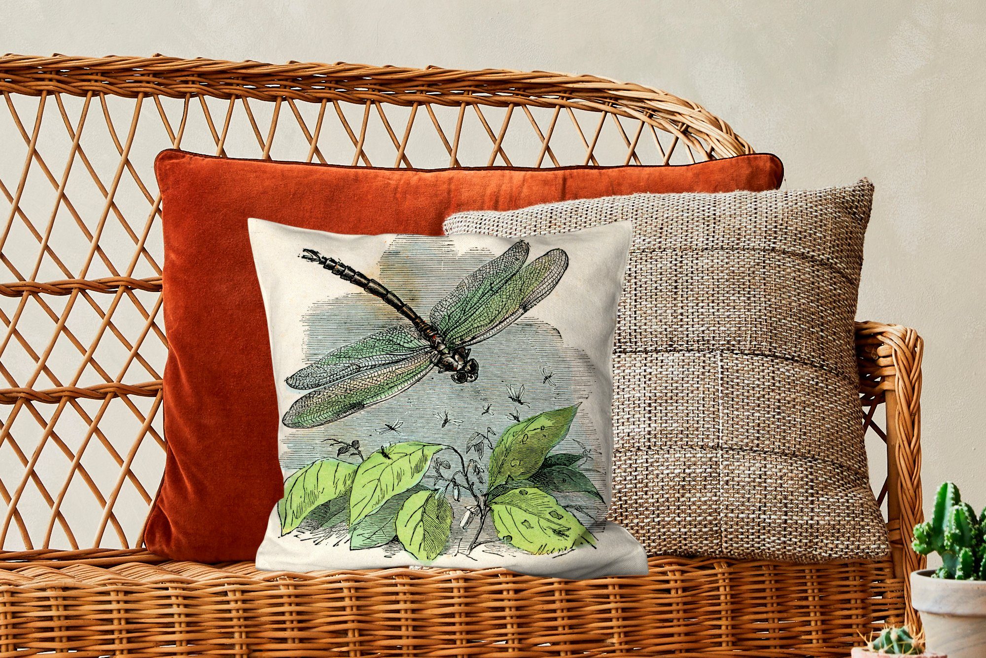 MuchoWow Dekokissen Eine Schlafzimmer, Illustration mit Füllung Libelle, Deko, grünen für einer Wohzimmer, Zierkissen Sofakissen
