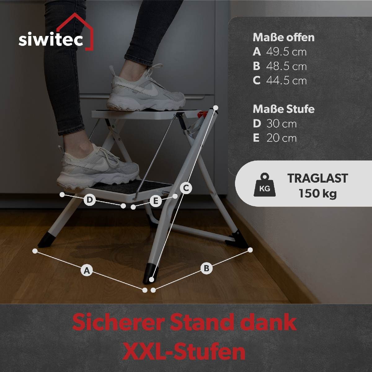 siwitec Trittleiter Mini Klapptritt aus Stahl - 2-stufig - anthrazit - GS geprüft (Wahlweise in Weiß oder Anthrazit erhältlich), 2 Stufen – Bild 2 von 5