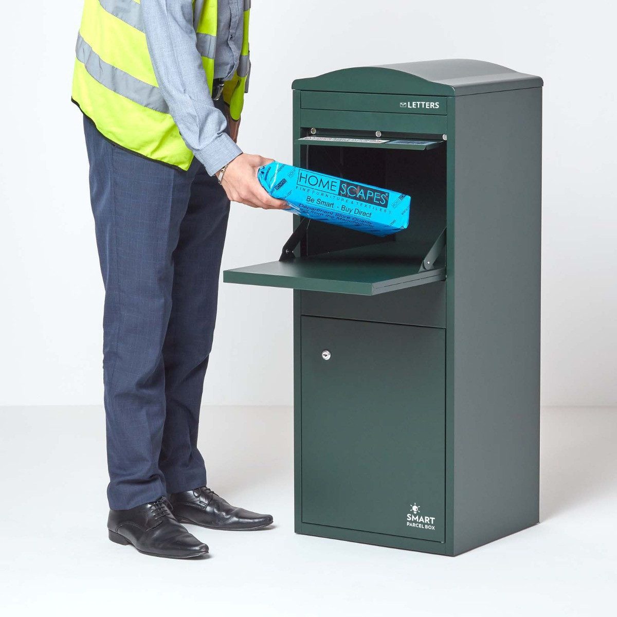 Smart Parcel Box Paketbriefkasten Großer Paketbriefkasten mit gebogenem Dach, Entnahme vorne, grün