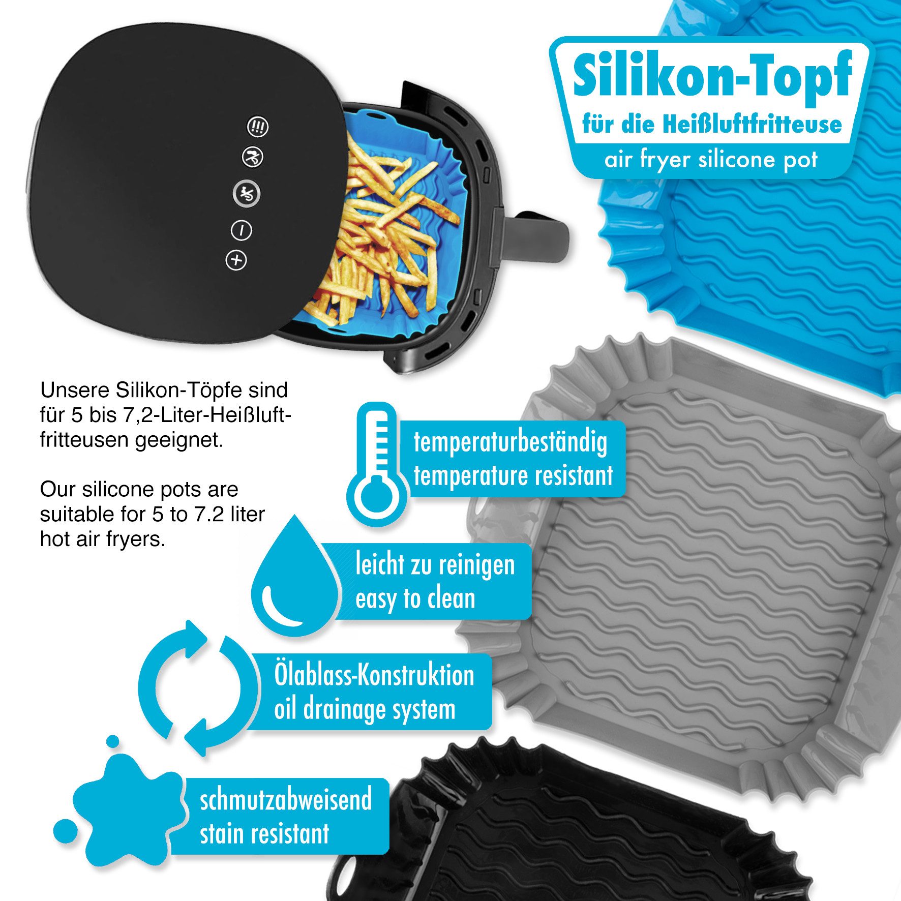 SHIBBY Silikonform für Heißluftfritteusen (5-7,2 L): Leicht zu reinigen, hitzebeständig, (1-tlg), Blau