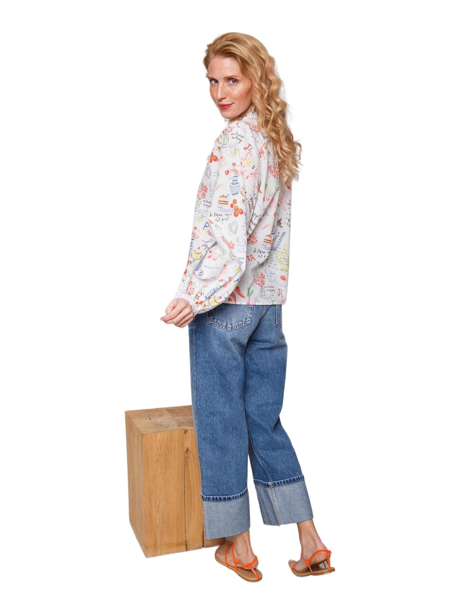 Emily Van Den Bergh Blusenshirt weiß,Casual,Baumwolle,Allover-Print,Rundhals,Lang,Casual Fit