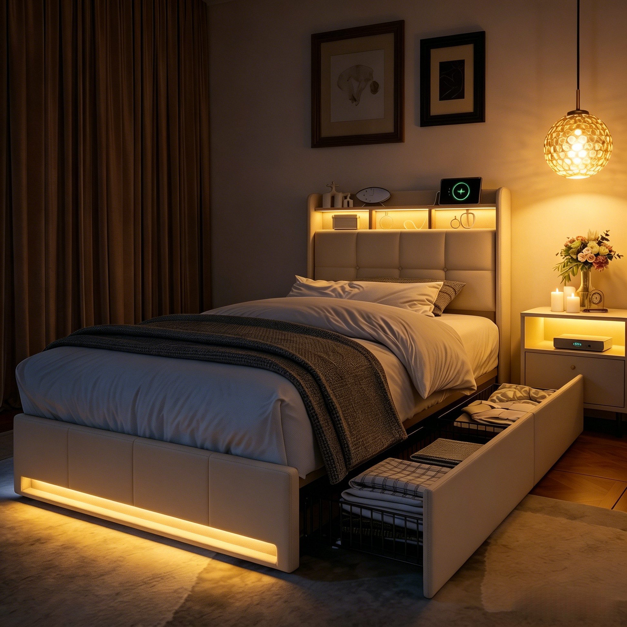 Furnishings Home Polsterbett 90x200 cm, LED Stauraumbett Jugendbett (1-tlg., Leinenmaterial, Komforthöhe, Leises Design Bett), Mit Ladefunktion und 2 Schubladen LED-Beleuchtung Einzelbett