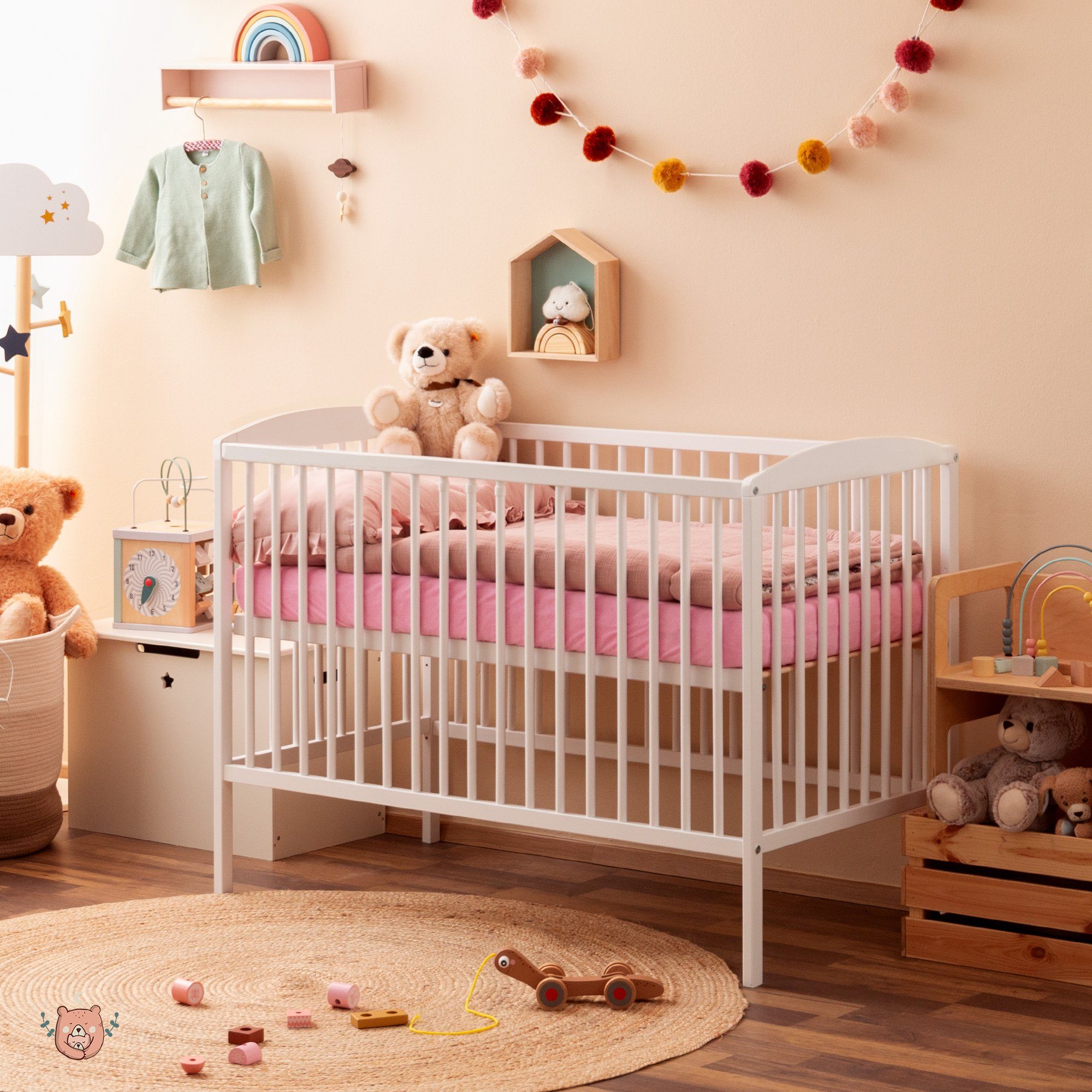 Alcube Babybett EMMI, 60x120 cm aus Kiefernholz mit Lattenrost Rausfallschutz ohne Schublade