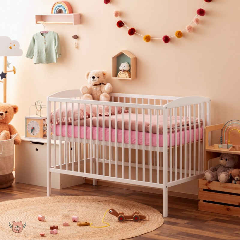 Alcube Babybett EMMI BESTSELLER! Entdecken Sie unser Babybett - perfekt für Ihr Baby!, 60x120 cm aus Kiefernholz mit Lattenrost Rausfallschutz ohne Schublade