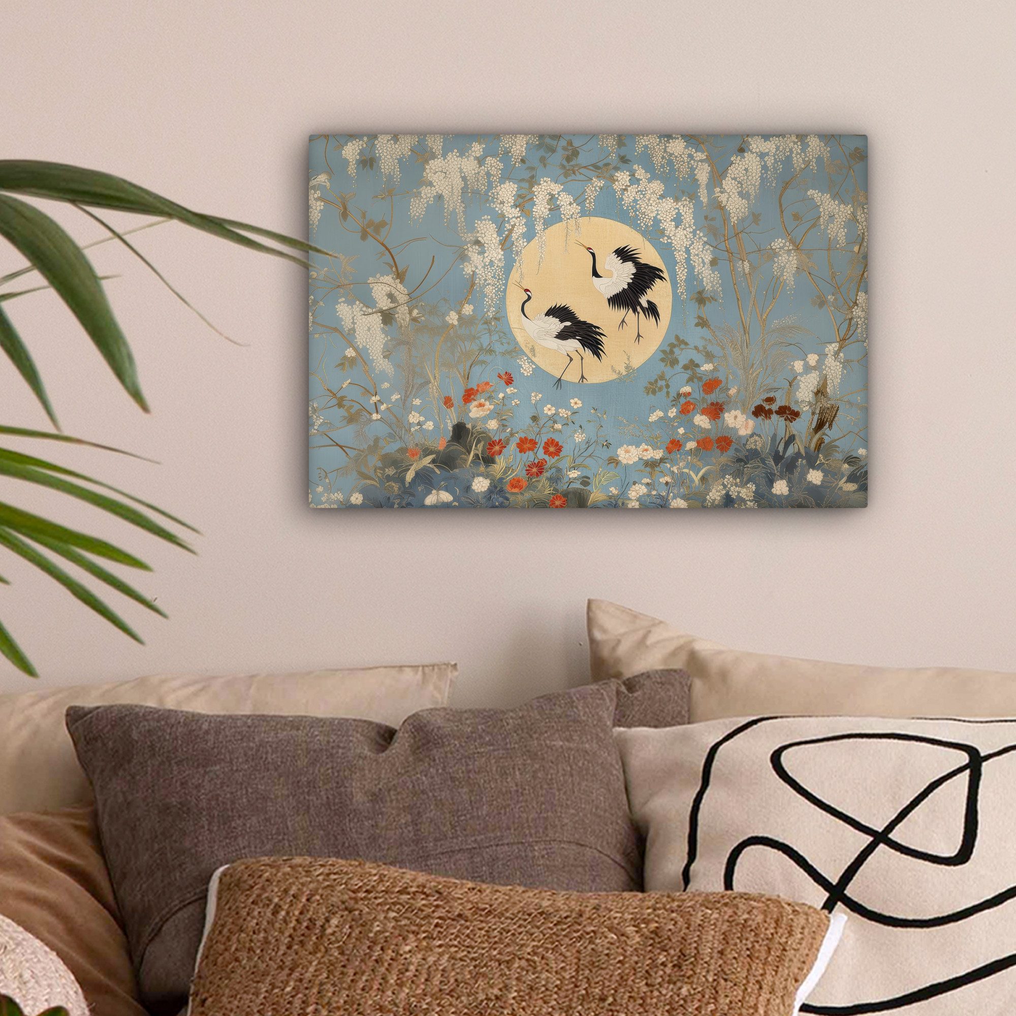 OneMillionCanvasses® Leinwandbild Kraniche - Mond - Blumen - Blau, Fotodruc günstig online kaufen