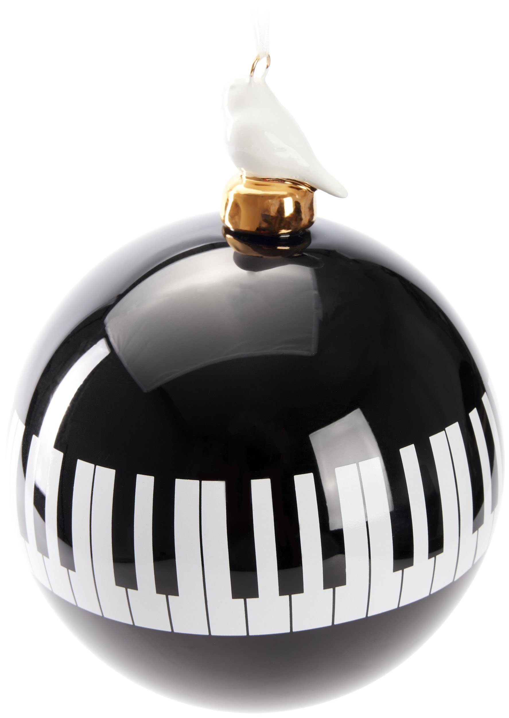 BRUBAKER Weihnachtsbaumkugel Premium Weihnachtskugel Klavier - Schwarz Weiß mit Vogel Figur (1 St), 10 cm Baumkugel aus Glas - Weihnachtsbaumkugel Klaviertasten