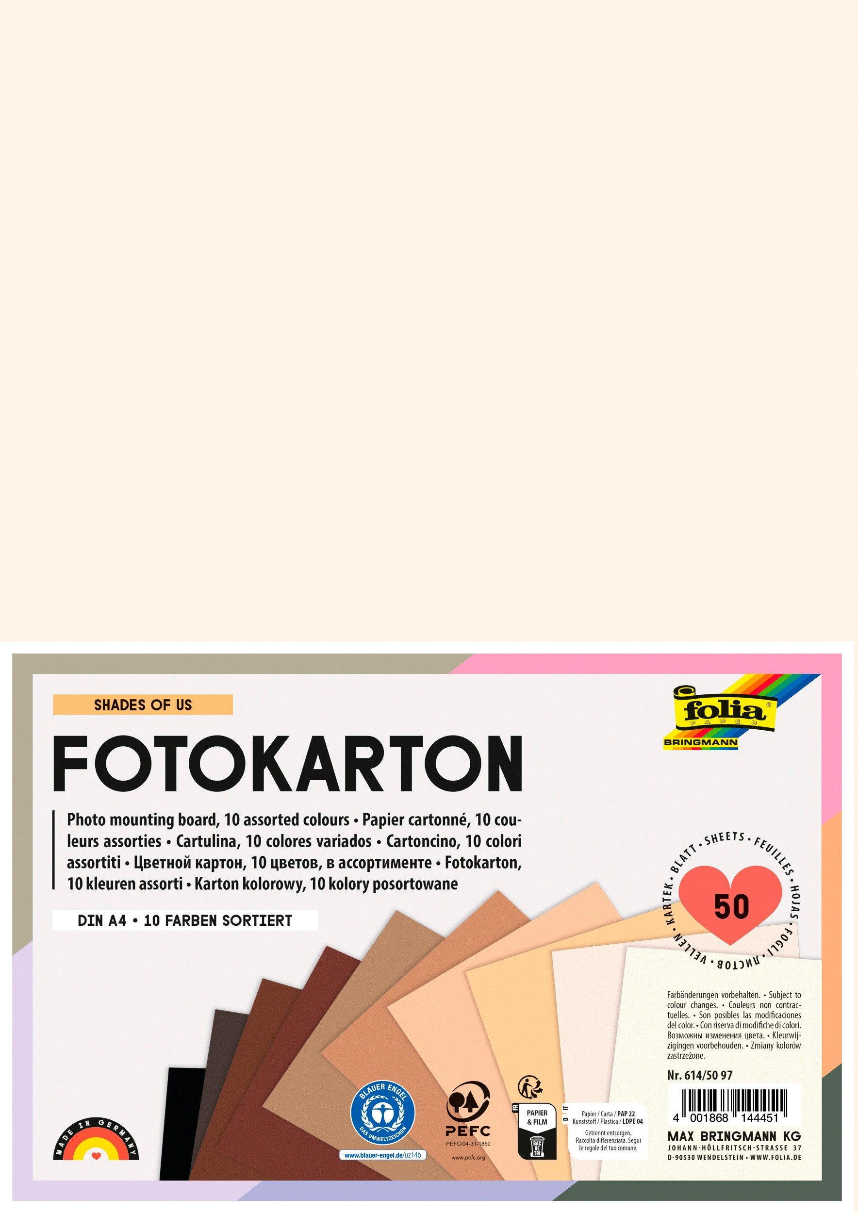 Folia Bastelkartonpapier Fotokarton „Shades of us“, 300g/m², DIN A4, 50 Blatt, 10 Farben