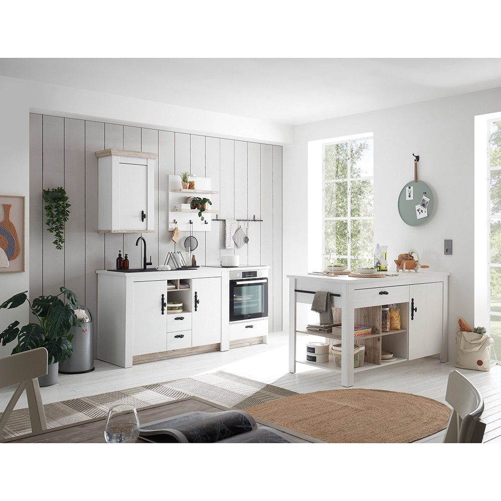 Lomadox Küchenzeile FERNA-61, 5-teilig, Pinie weiß mit Pinie dunkel, Softclose-Funktion, Landhaus