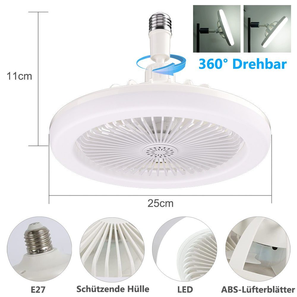 MUPOO Deckenventilator mit Licht Beleuchtung und Deckenventilatoren, Esszimmer Weiß-E27-Lichtfarbe Schlafzimmer fur Deckenlampe 30W Küche Modi, 3 Ventilator, Fernbedienung,LED mit