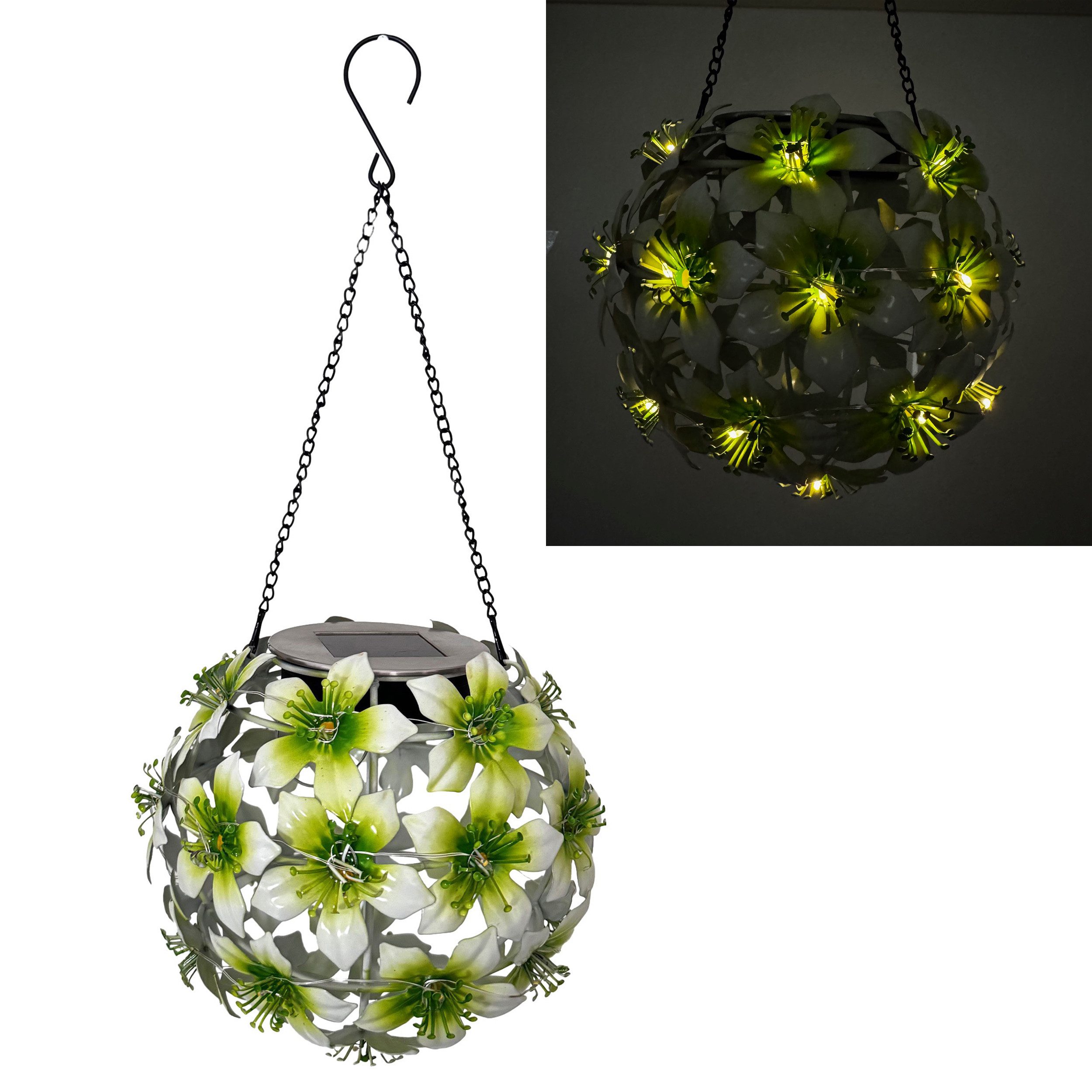 Online-Fuchs LED Gartenleuchte Hibiskusblüten zum Aufhängen mit LED-Lichterkette und Solarpanel, 30 LEDs, Warmweiß, stimmungsvolle Beleuchtung für den Außenbereich
