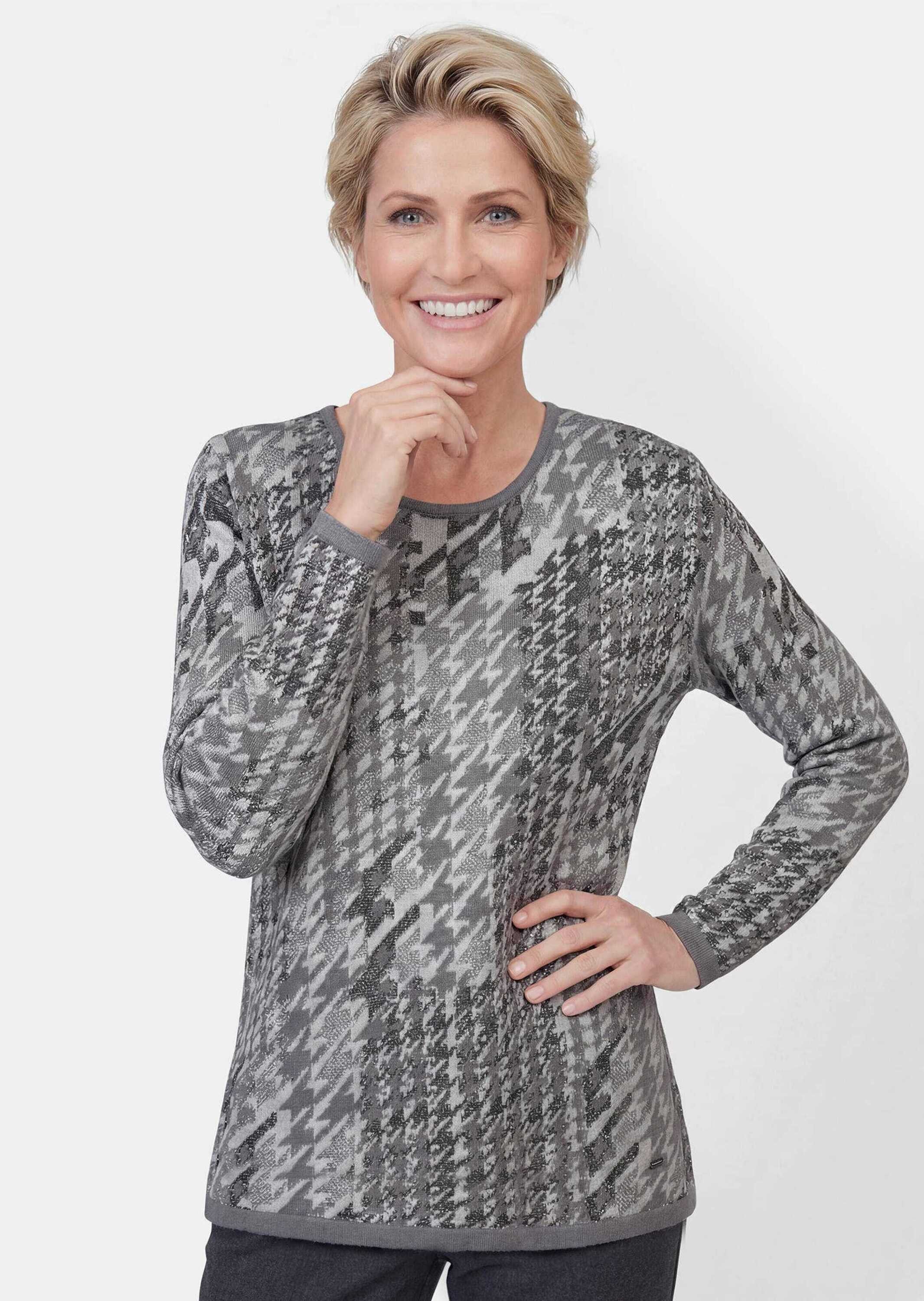 GOLDNER Print-Shirt Kurzgröße: Hahnentrittpullover mit Glanz Weicher Strickpullover aus Baumwolle und Viskose mit Rundhals