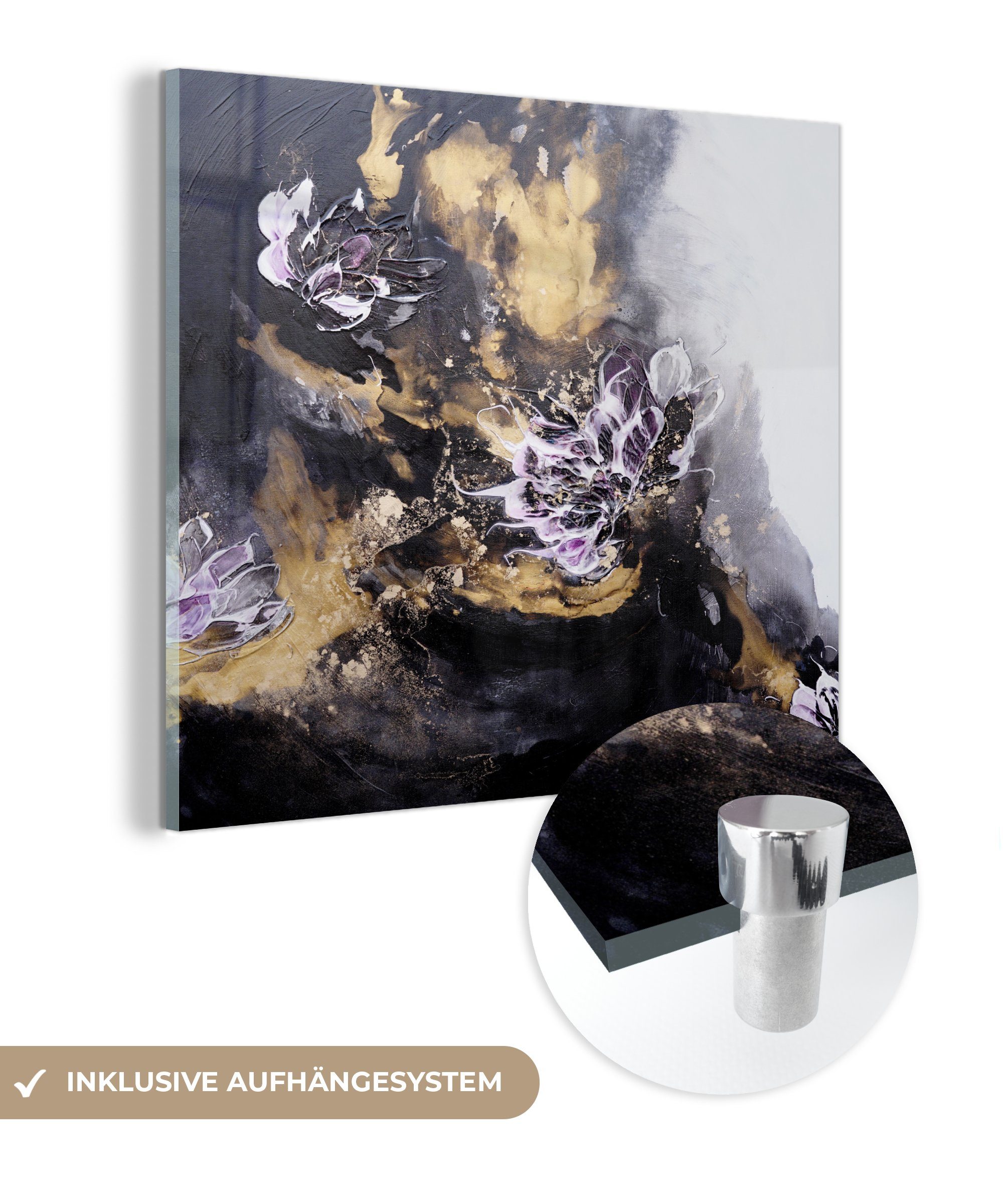 MuchoWow Acrylglasbild Abstrakt - Schwarz - Grau - Farbe, (1 St), Glasbilder - Bilder auf Glas Wandbild - Foto auf Glas - Wanddekoration