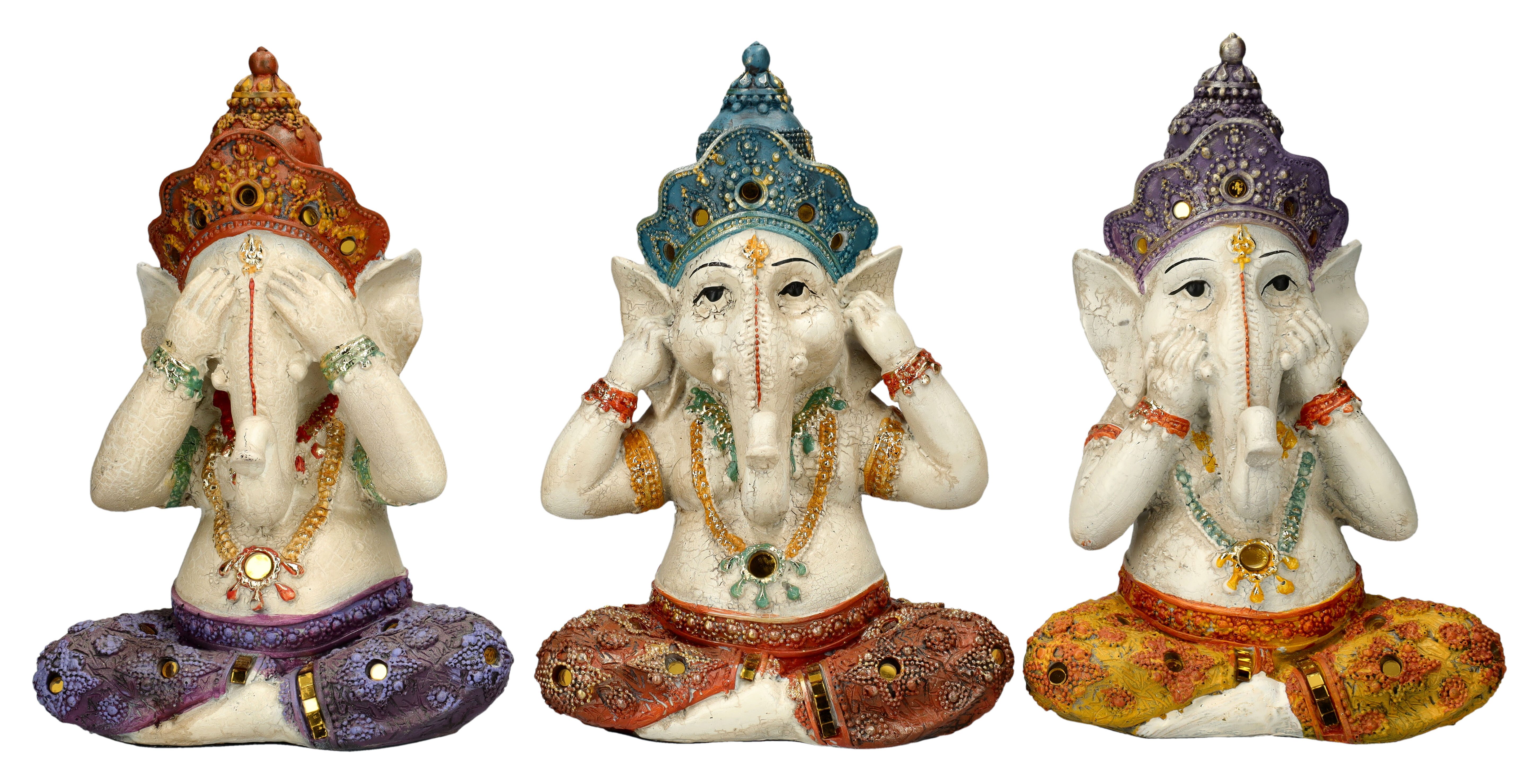 Figuren Shop GmbH Dekofigur Ganesha Figuren handbemalt 3er Set - Nichts Böses - Mythologie Deko