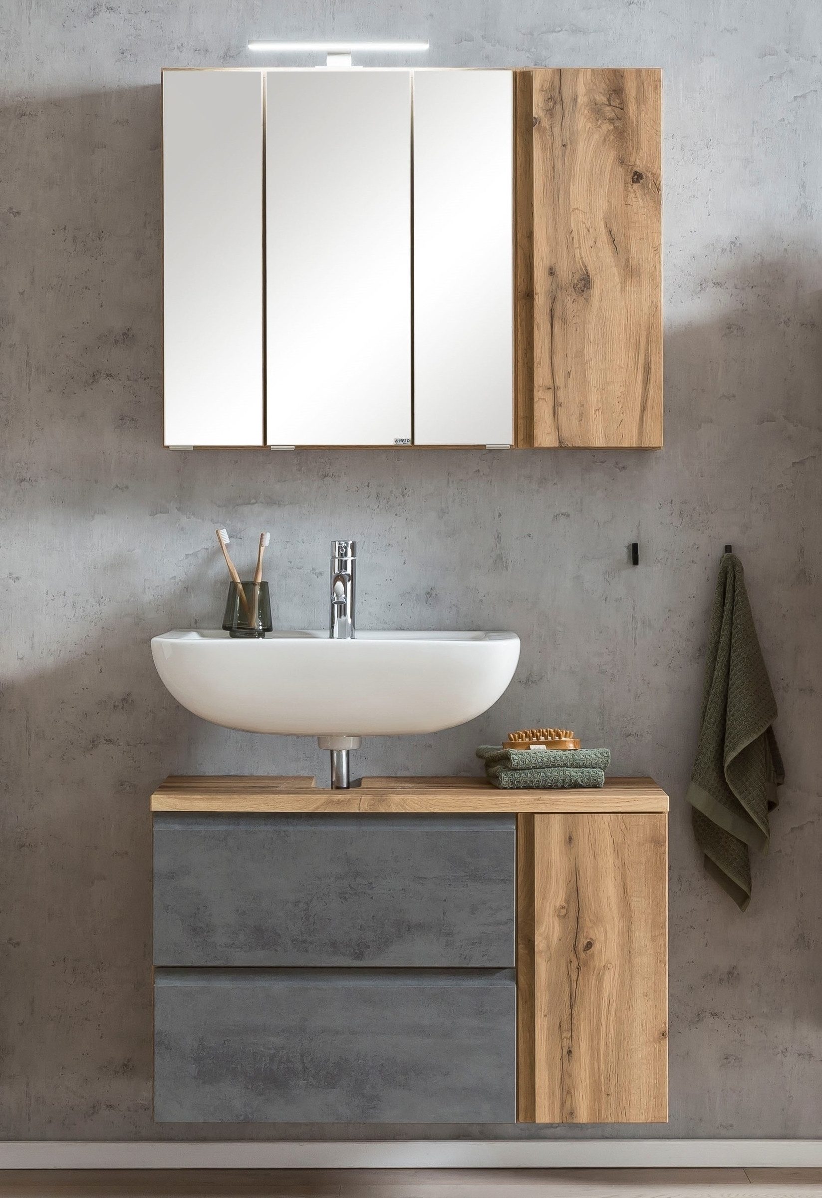 HELD MÖBEL Badmöbel-Set (2-tlg) in Betongrau / Wotaneiche - 85x195x35cm (BxHxT), (2-tlg)