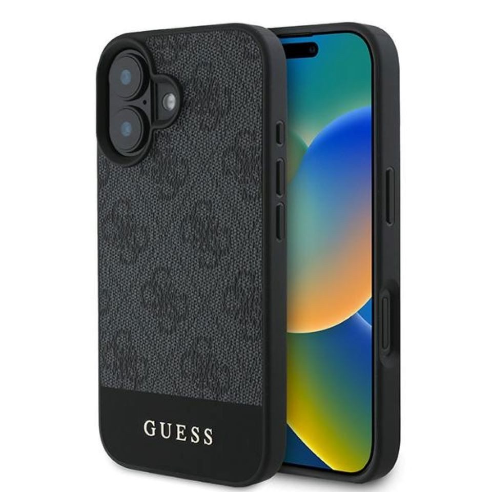 Guess Handyhülle iPhone 16 Kunstleder Muster grau Logo Schrift goldfarbig 6,1 Zoll, Kantenschutz