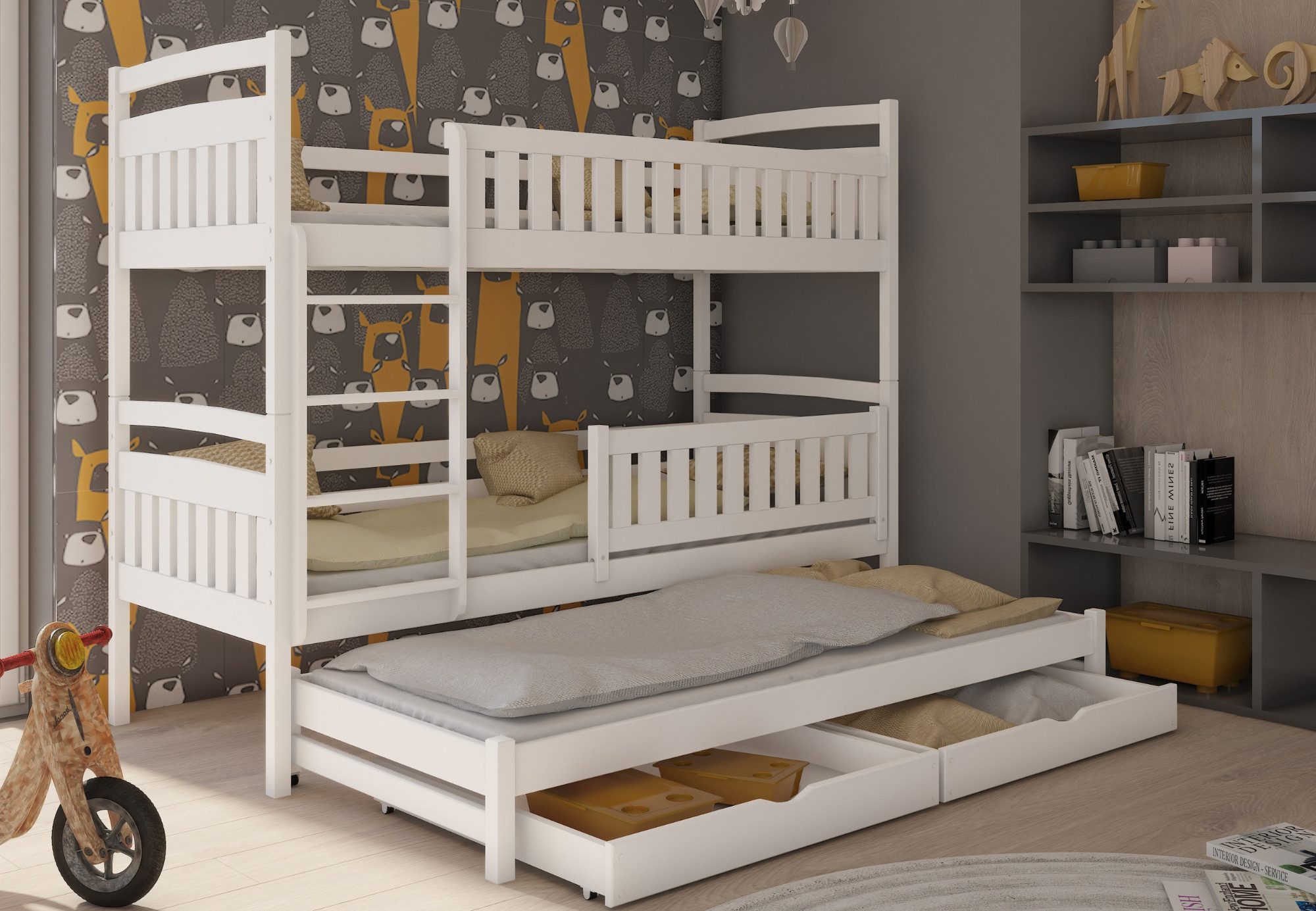 Kids Collective Etagenbett Hochbett Kinderbett 90x200 cm mit Lattenrost und Rausfallschutz, mit Ausziehbett, zwei Schubladen, umbaubar in drei Einzelbetten, weiß