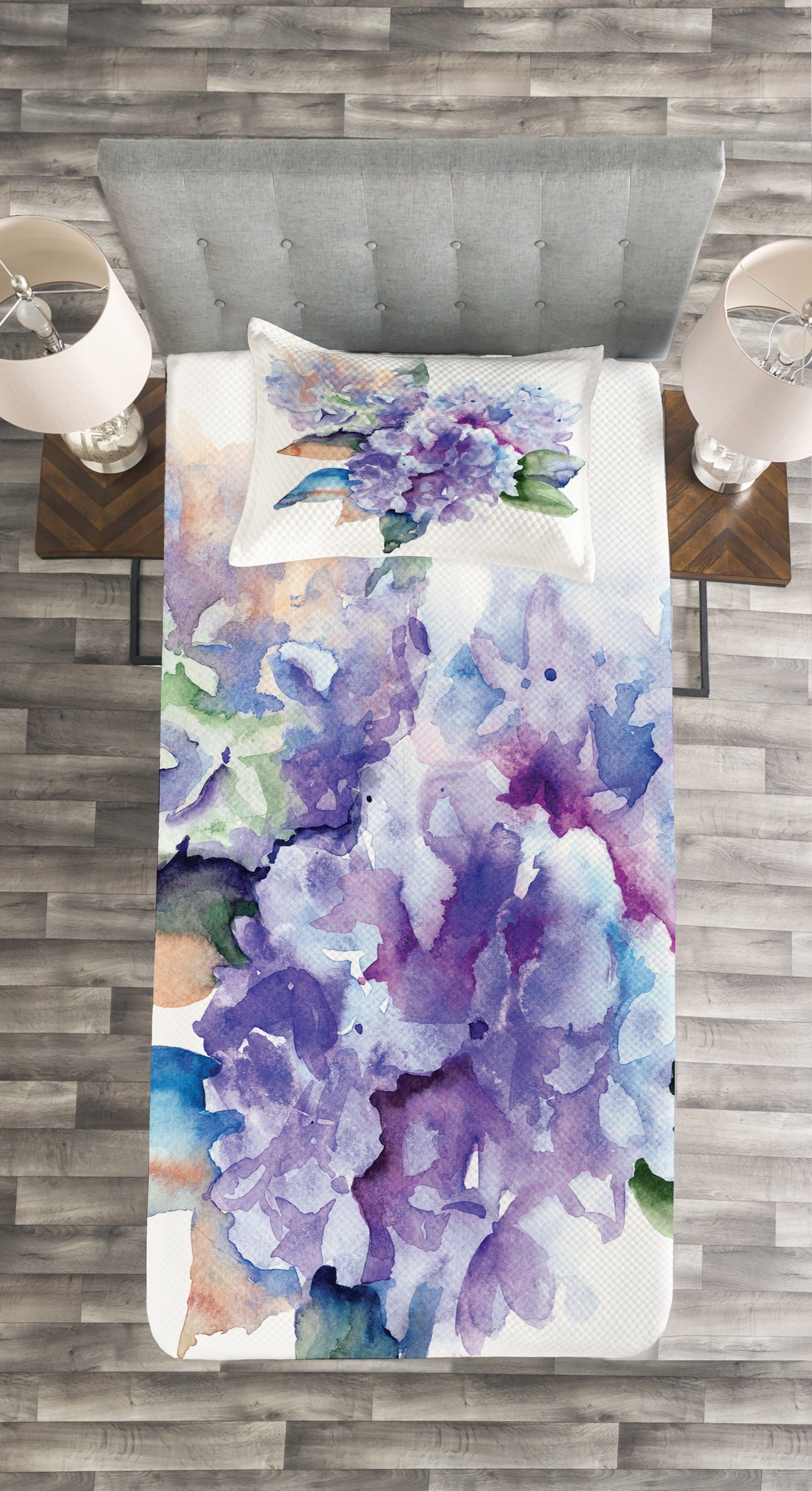 Tagesdecke Blooming mit Abakuhaus, Aquarell Set Hydrangea Waschbar, Kissenbezügen