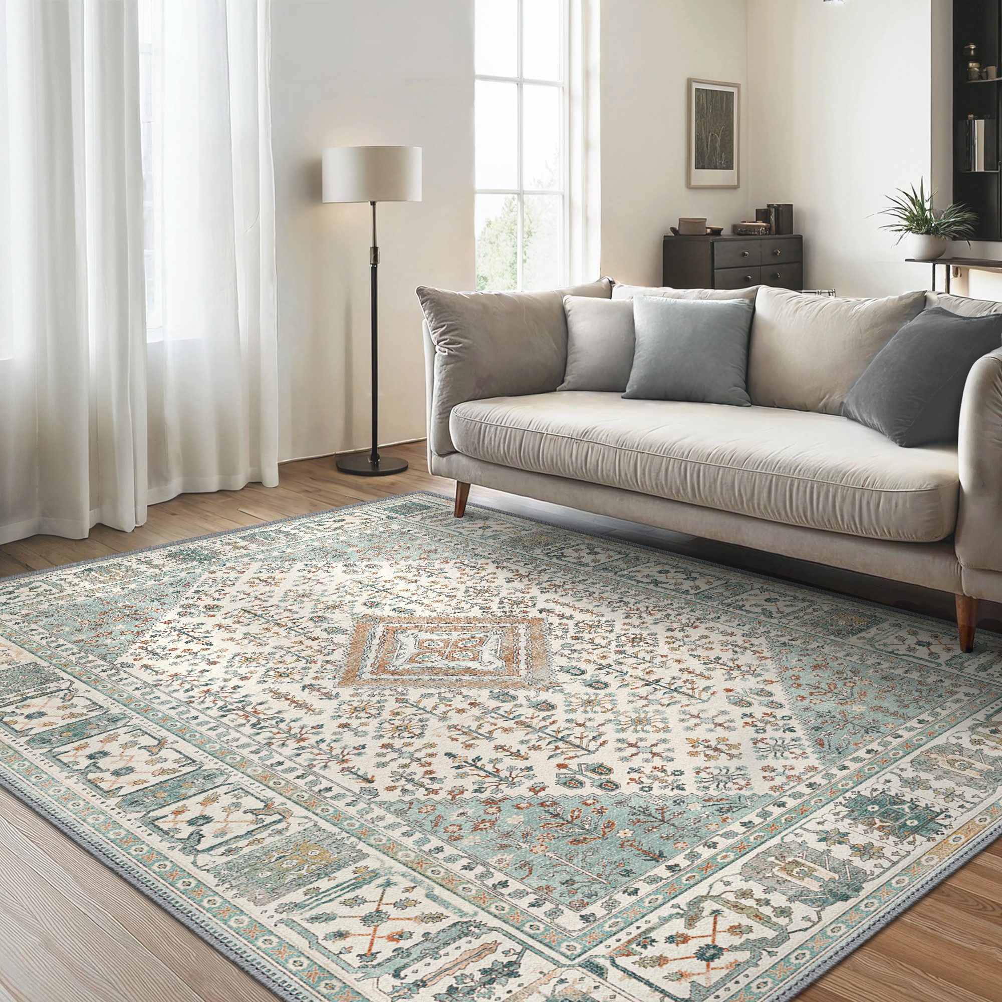GENIMO Teppich Wohnzimmer Teppich, Boho Vintage, waschbar, rutschfest, Kurzflor, rechteckig, 160x230cm, grün
