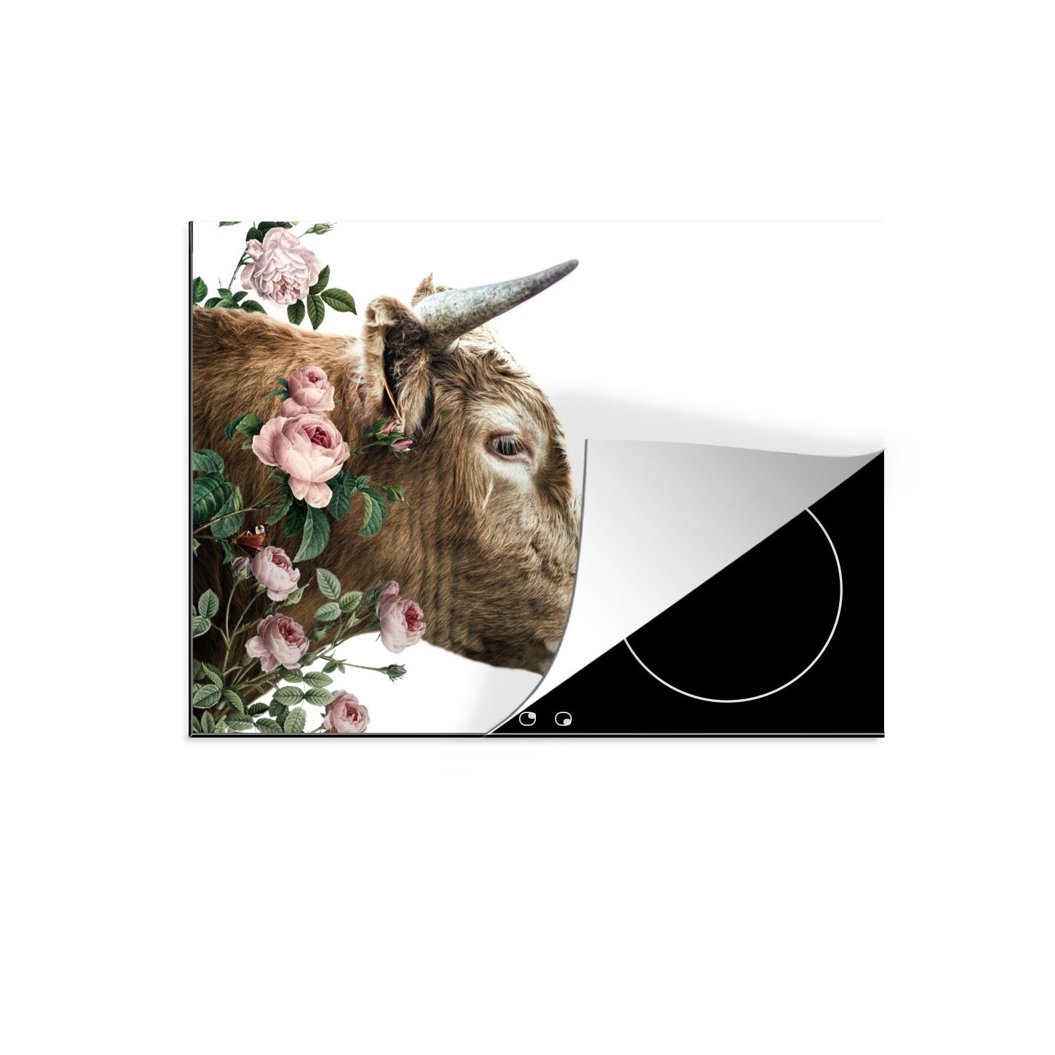 MuchoWow Herdblende-/Abdeckplatte Schottischer Highlander Blumen (1 Schutz 71x52 - tlg), - Vinyl, cm, für die Ceranfeldabdeckung küche, - Rosa Weiß, Induktionskochfeld