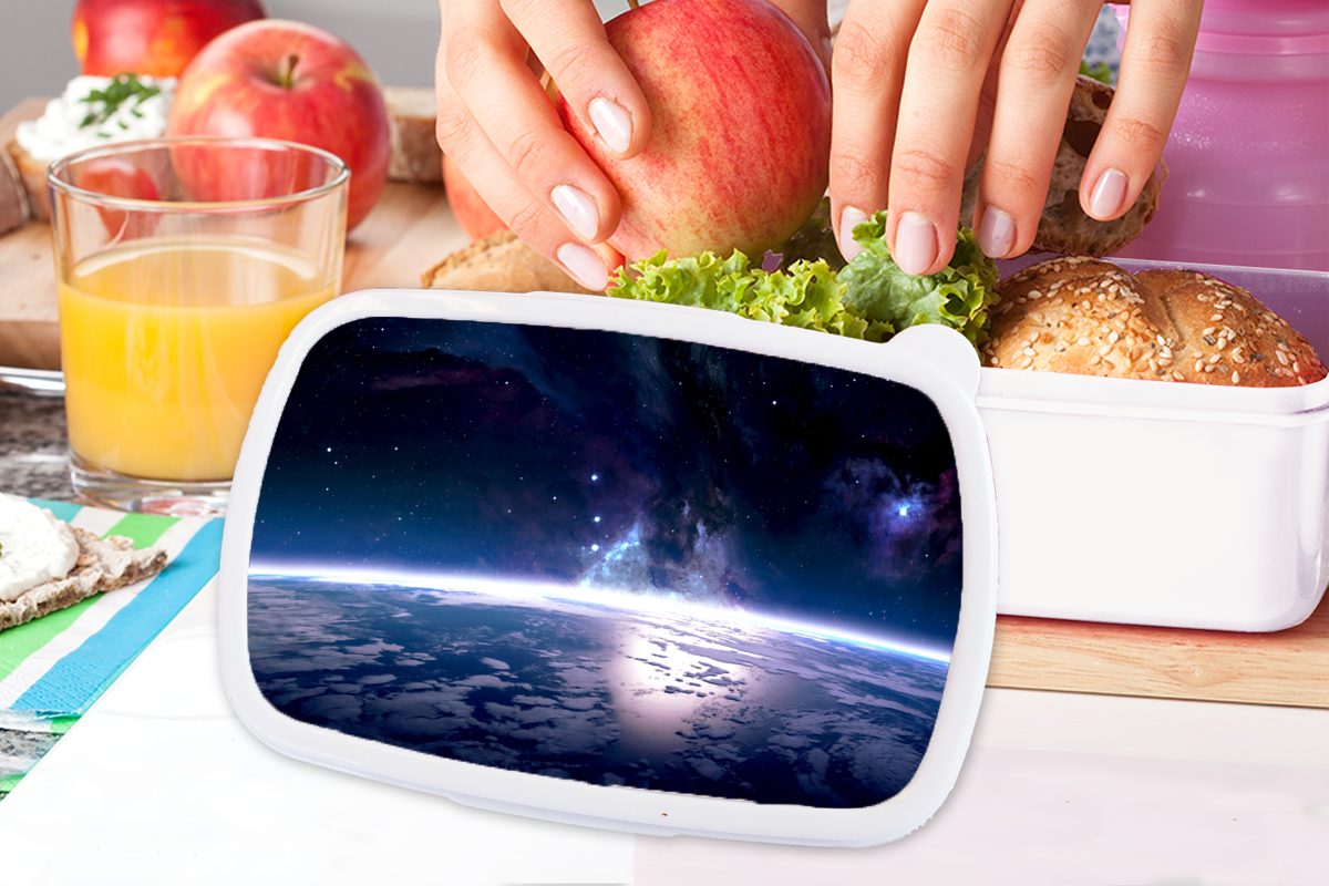 Mädchen Lunchbox und Kunststoff, Jungs MuchoWow Erwachsene, weiß Brotbox und für - (2-tlg), Weltraum Erde Brotdose, Licht, Kinder - für