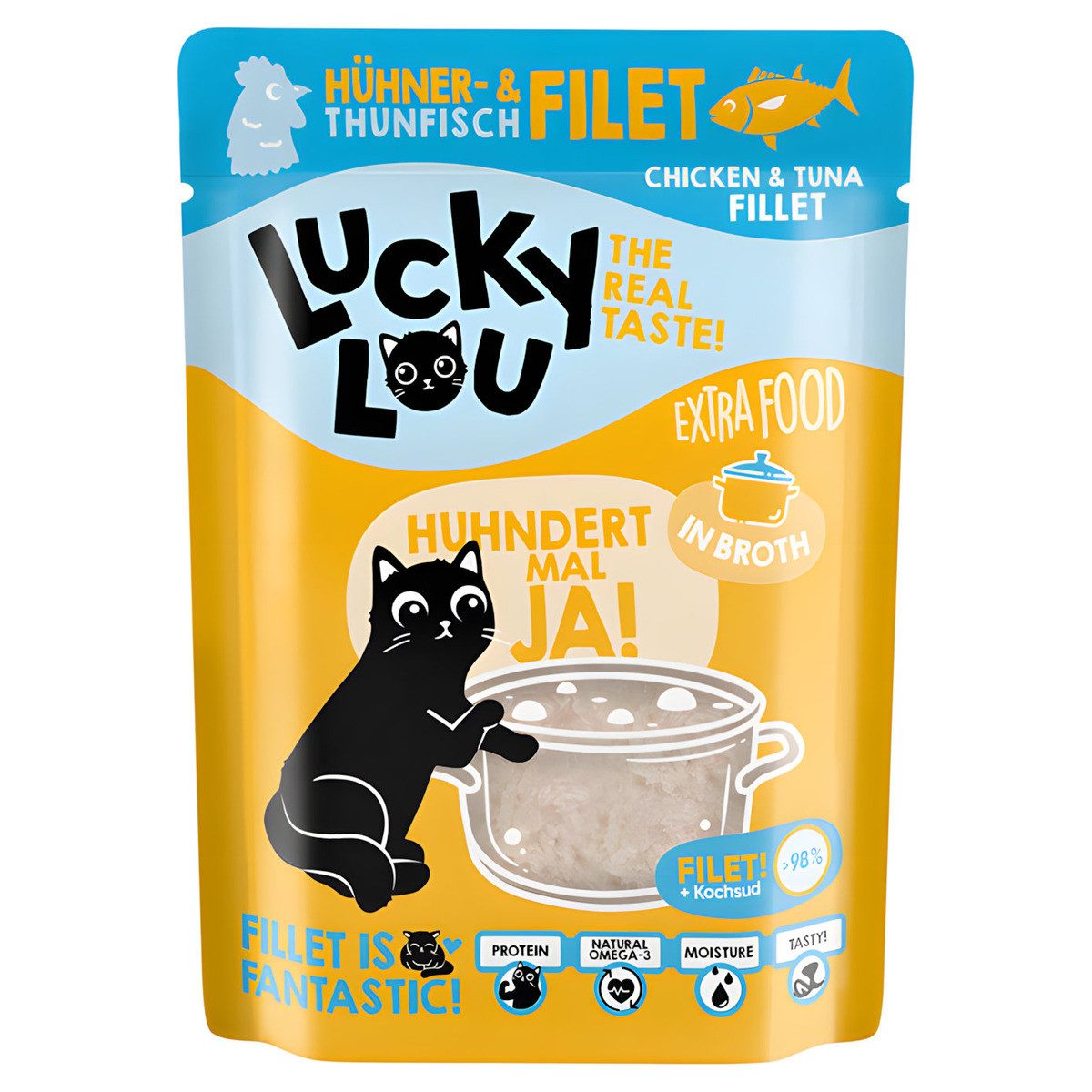 Lucky Lou Extra Food Hühnerfilet + Thunfischfilet in Sud 70 g, Nassfutter für: Katze