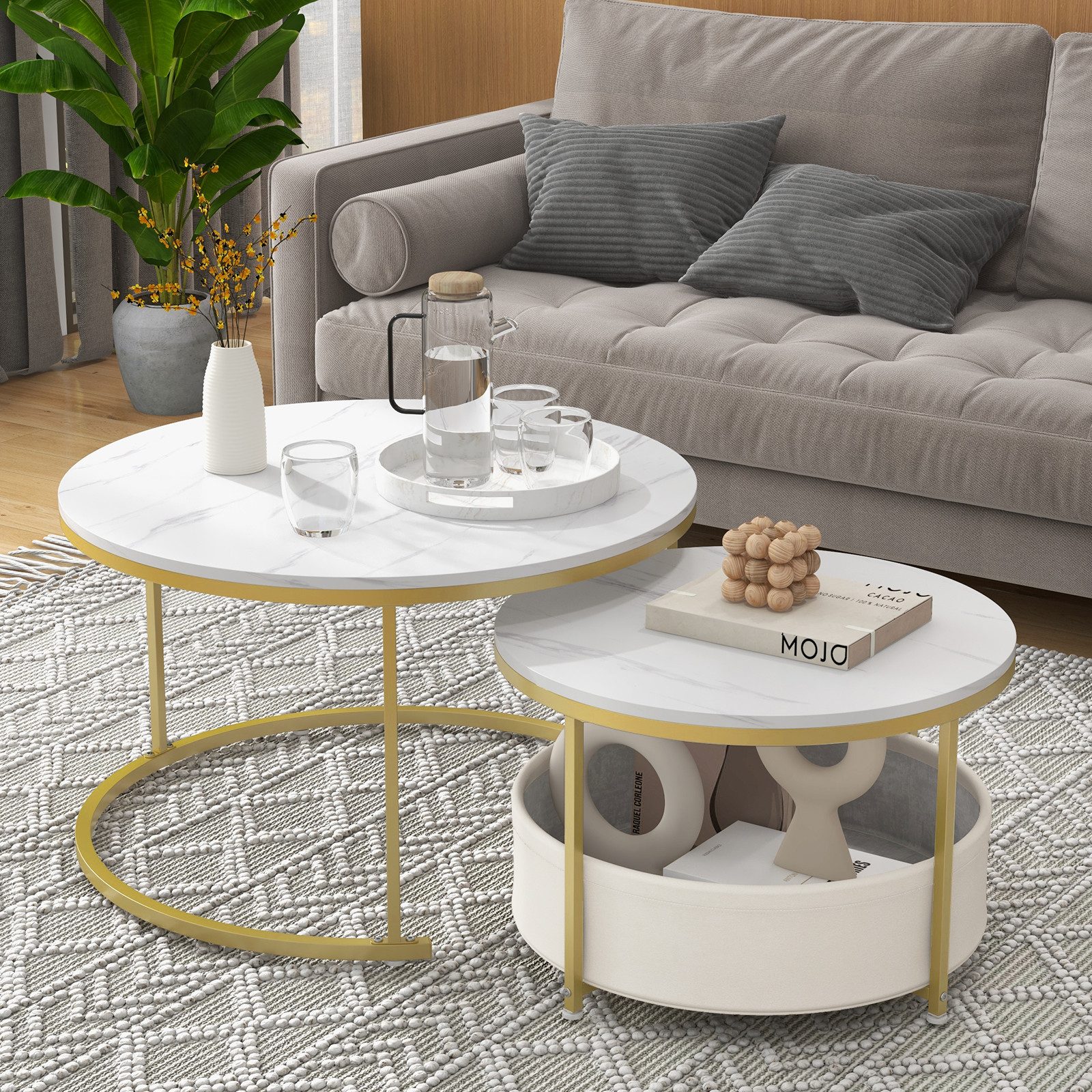COSTWAY Couchtisch (2er Set), rund Satztisch Marmor mit Korb gold