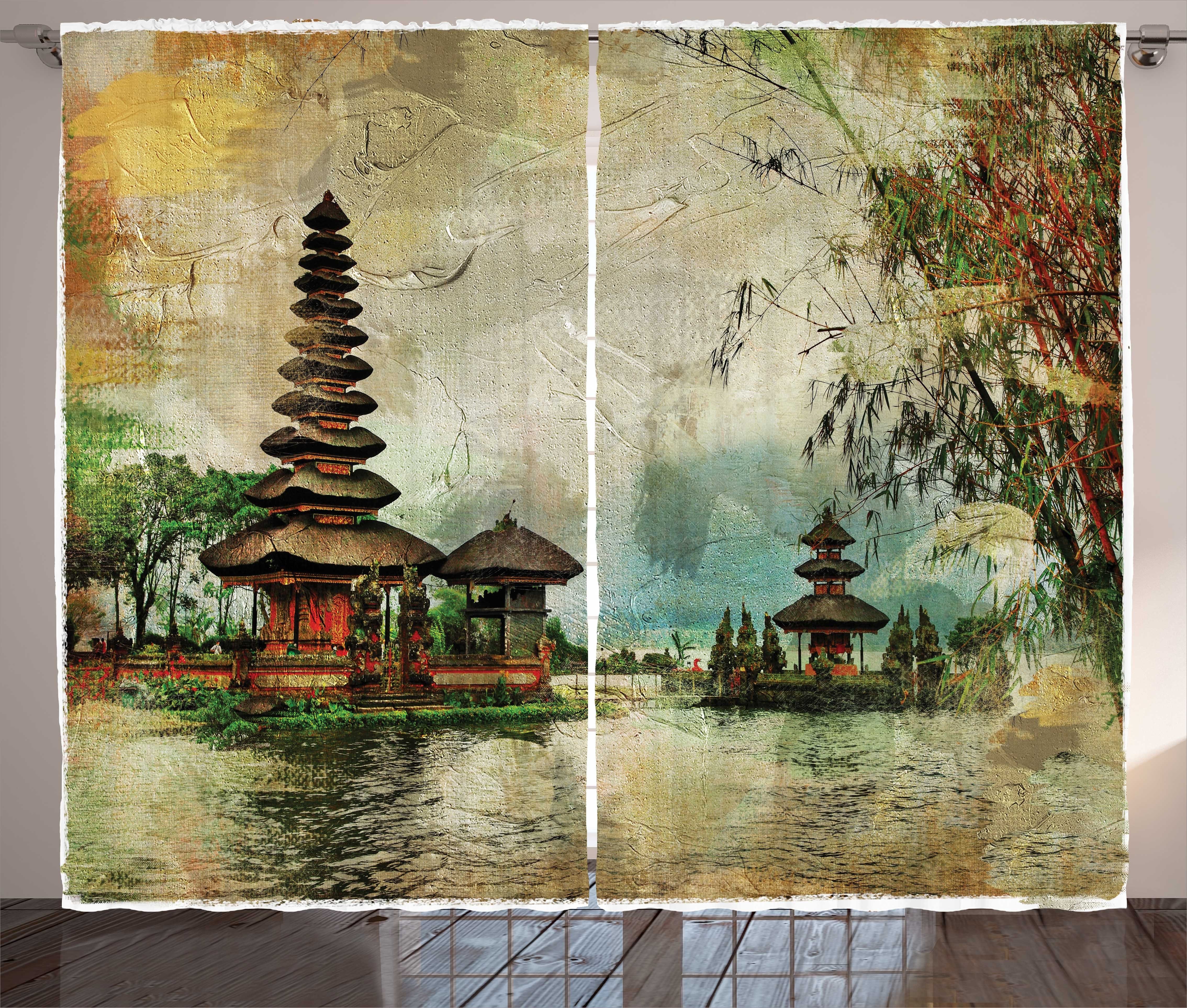 Gardine Schlafzimmer Kräuselband Landschaftsmalerei Balinesischen und Gouache mit Schlaufen Abakuhaus, Haken, Vorhang