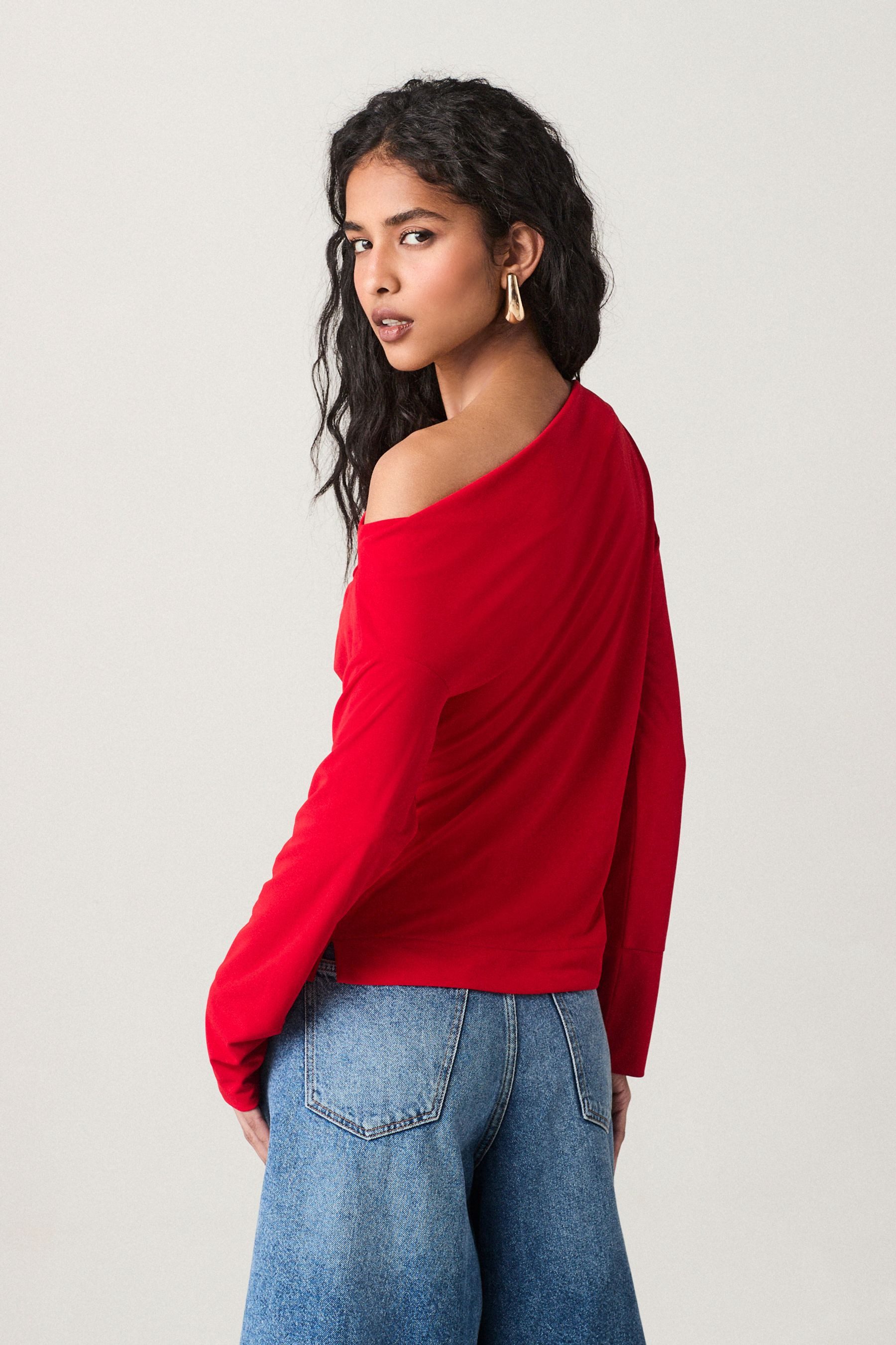 Next Langarmbluse Schulterfreies Jersey-Oberteil mit Drapierung (1-tlg) günstig online kaufen