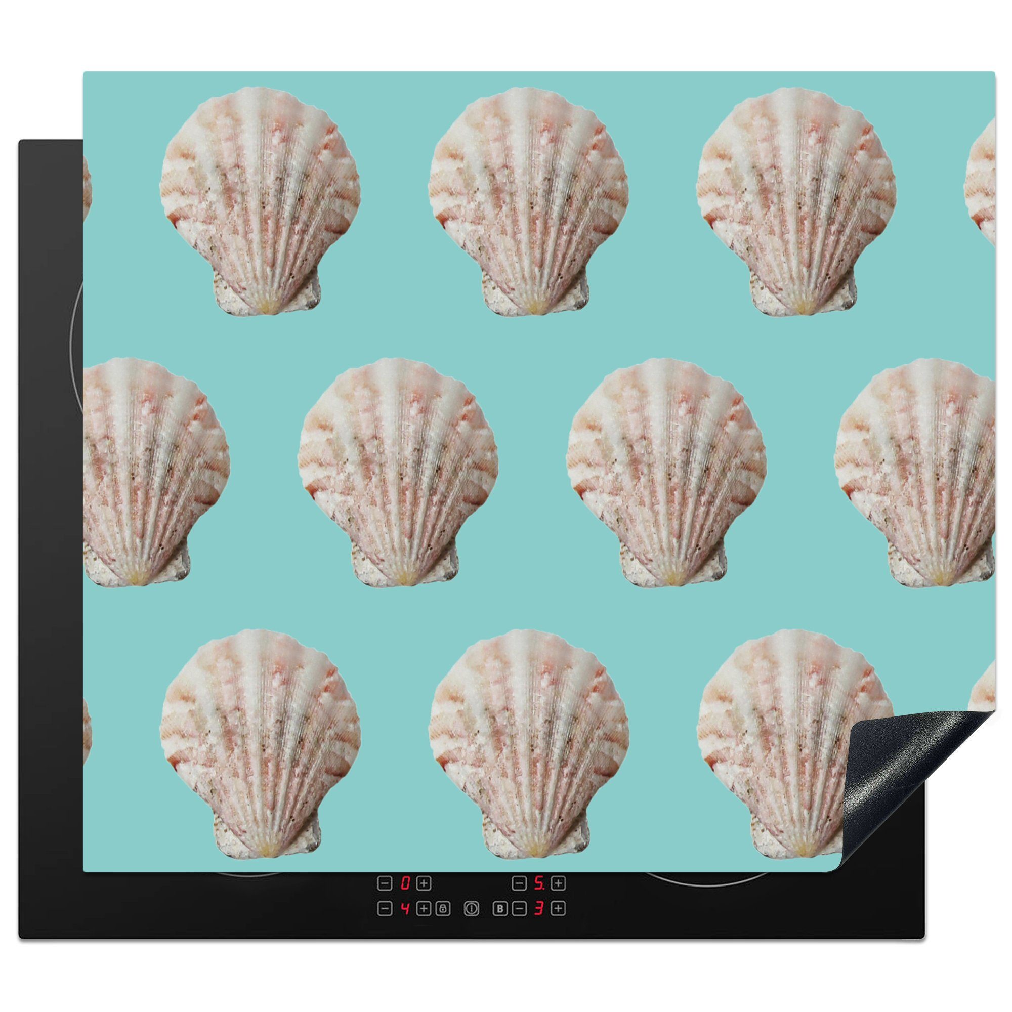 MuchoWow Herdblende-/Abdeckplatte Muscheln - Muster - Grün - Meer, Vinyl, (1 tlg), 59x52 cm, Ceranfeldabdeckung für die küche, Induktionsmatte