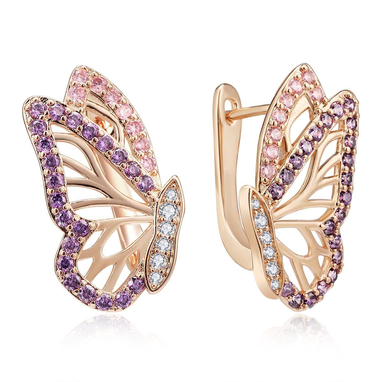 POCHUMIDUU Paar Rosa Schmetterling Ohrhänger Ohrringe, 18K Gold ROSEGOLD Diamant Pop Mode