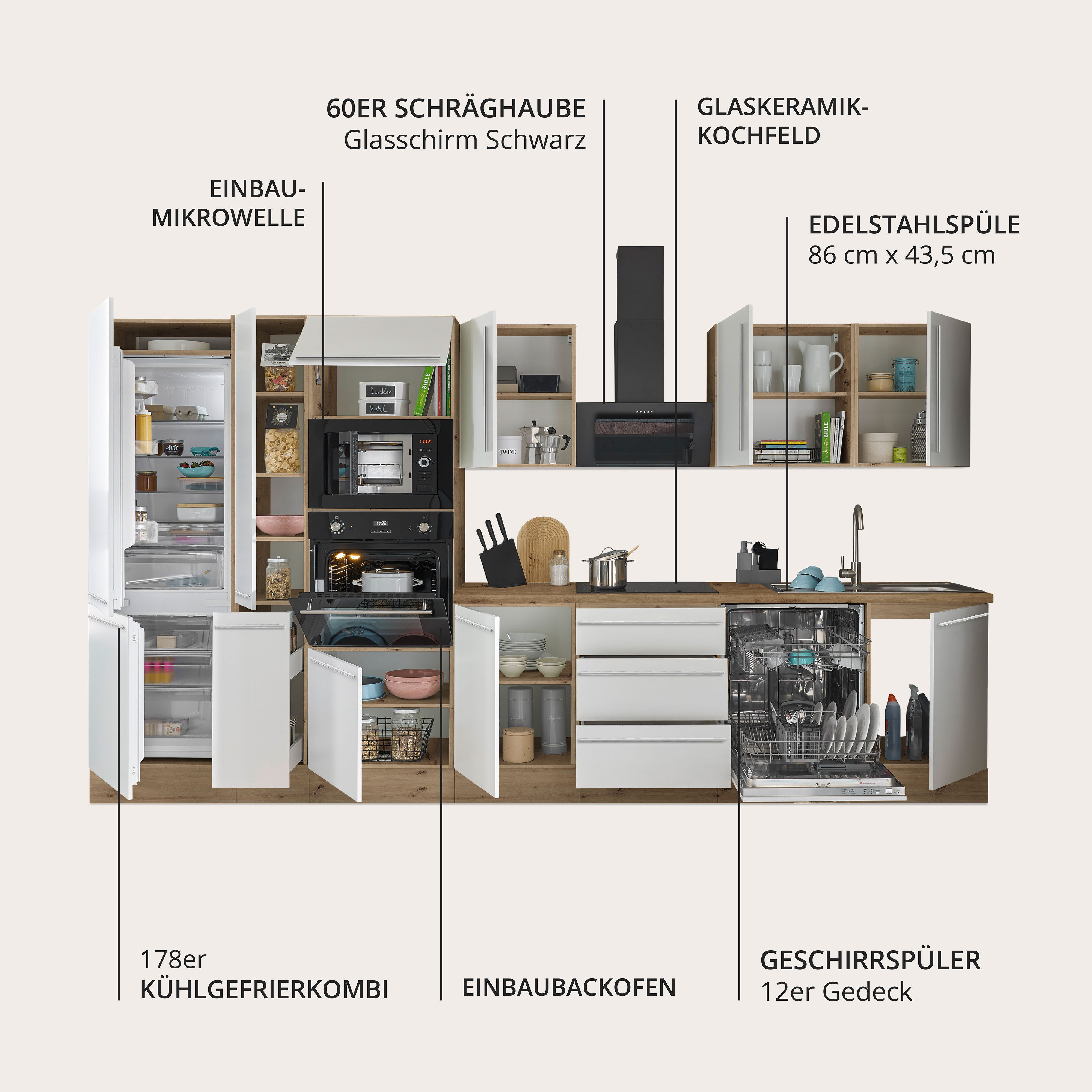 KOCHSTATION Küchenzeile Florida, Breite 370 cm, wahlweise mit E-Geräten,Softclose für Türen/Schubkästen