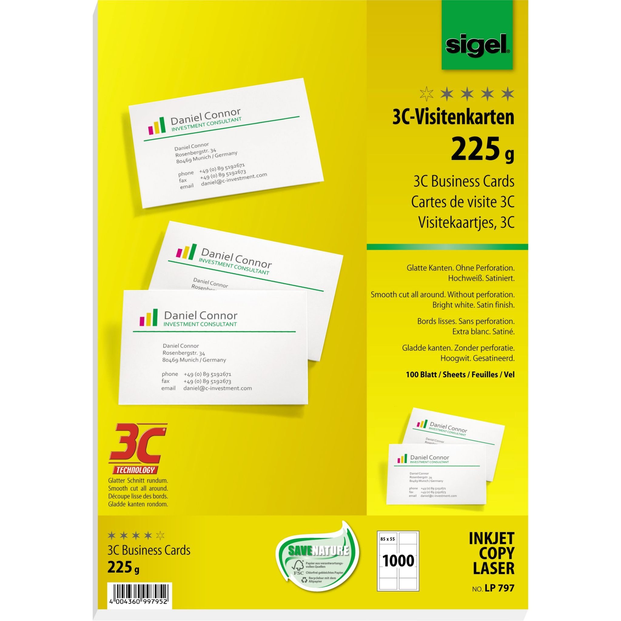 Sigel Visitenkartenhülle SIGEL LP797 Visitenkarten - hochweiß - 225 g/m² - 1.000 Karten