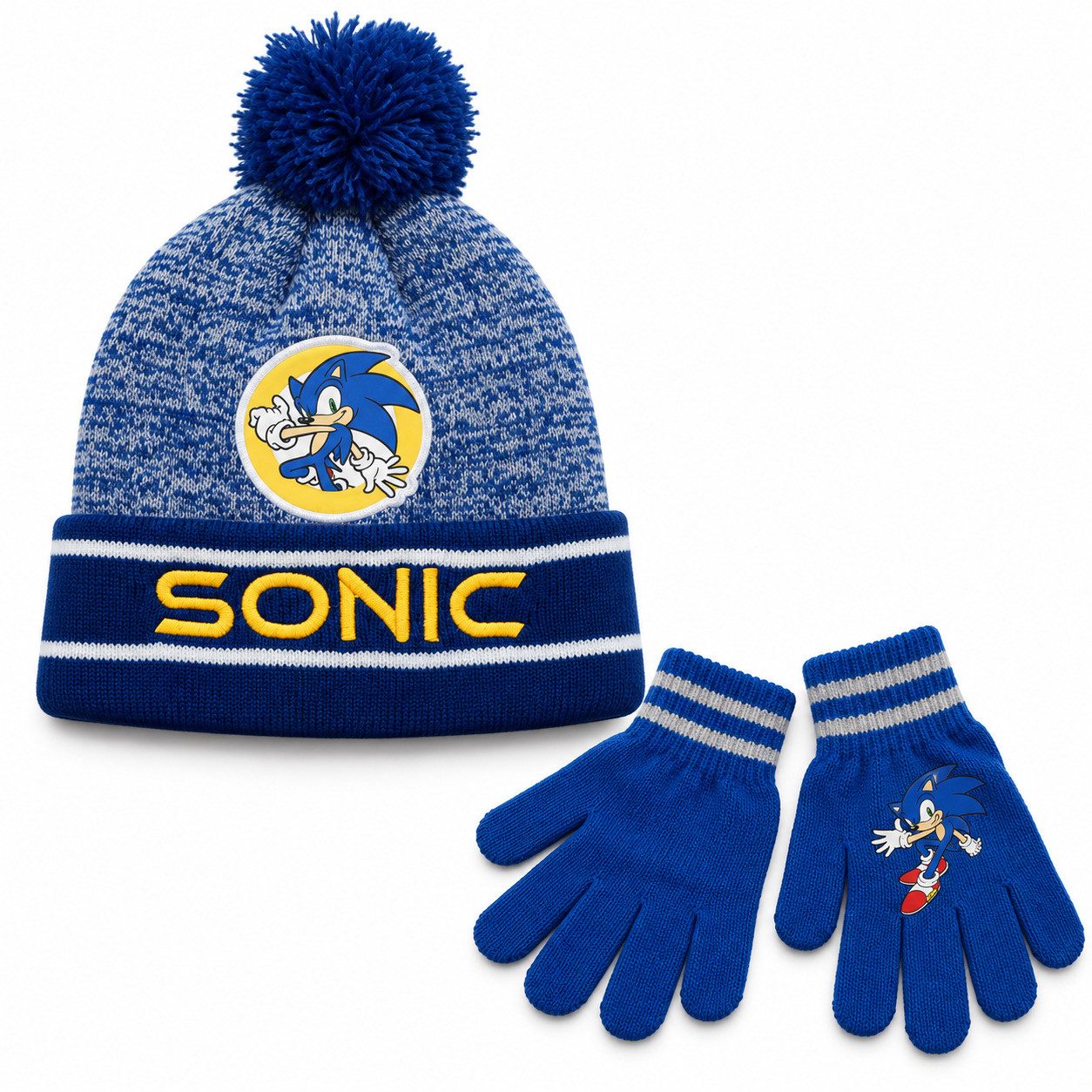 Sonic The Hedgehog Bommelmütze Sonic the Hedgehog Kinder Wintermütze Bommelmütze Handschuhe 52 54 (Spar-Set)