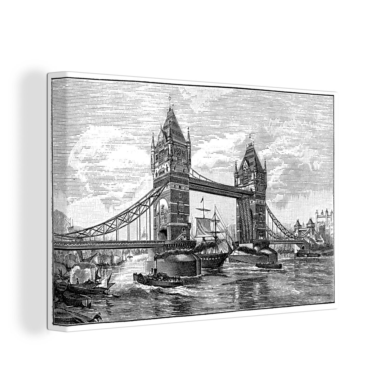 OneMillionCanvasses® Leinwandbild Antike Illustration der Tower Bridge in Schwarz und Weiß, (1 St), Wandbild Leinwandbilder, Aufhängefertig, Wanddeko, 30x20 cm