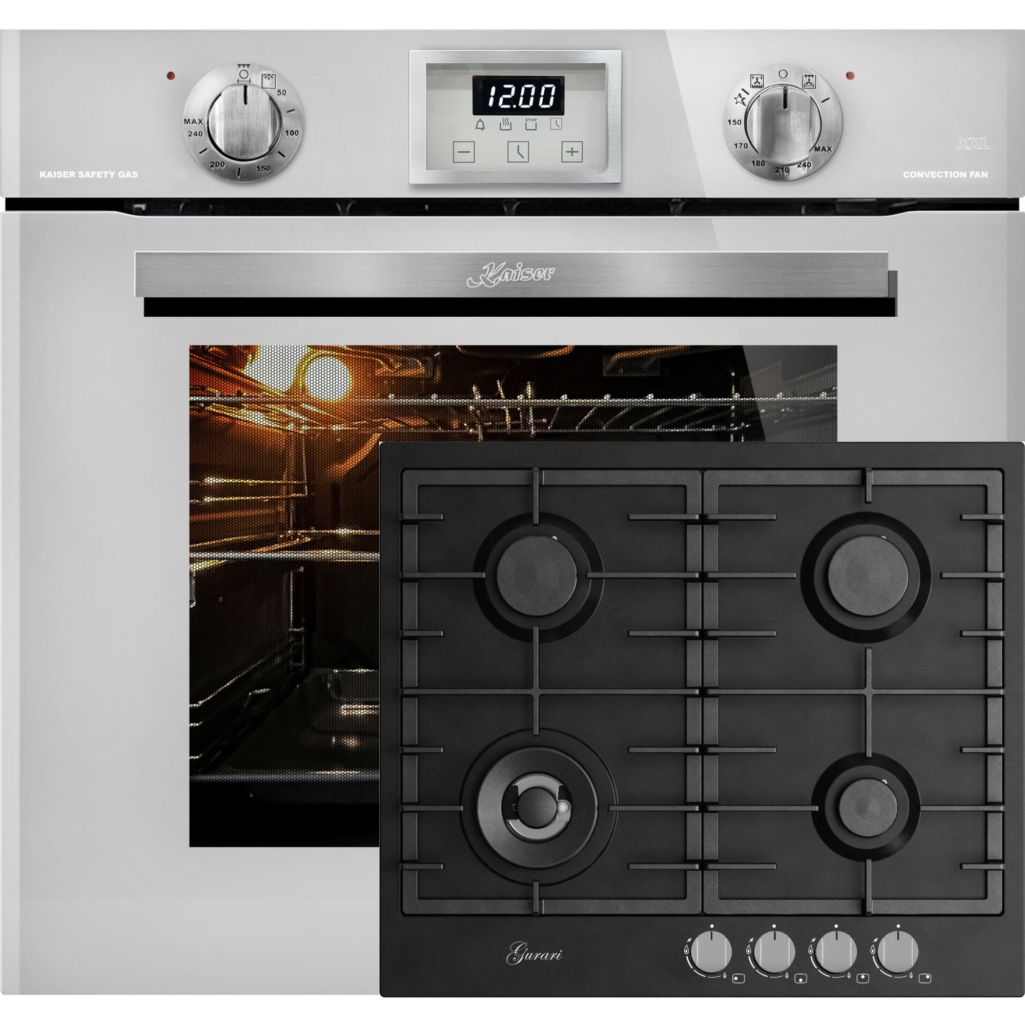 Kaiser Küchengeräte Backofen-Set Herd Set Autark Gasbackofen, 79 L, autark, Grill, Selbstreinigung Umluft Weiß Glas+Gaskochfeld 60 cm, Schwarz 4,0 KW WOK, 4 Gasbrenner,Autark EG 6374 W+GCH FB 604 BL, mit 1-fach-Teleskopauszug