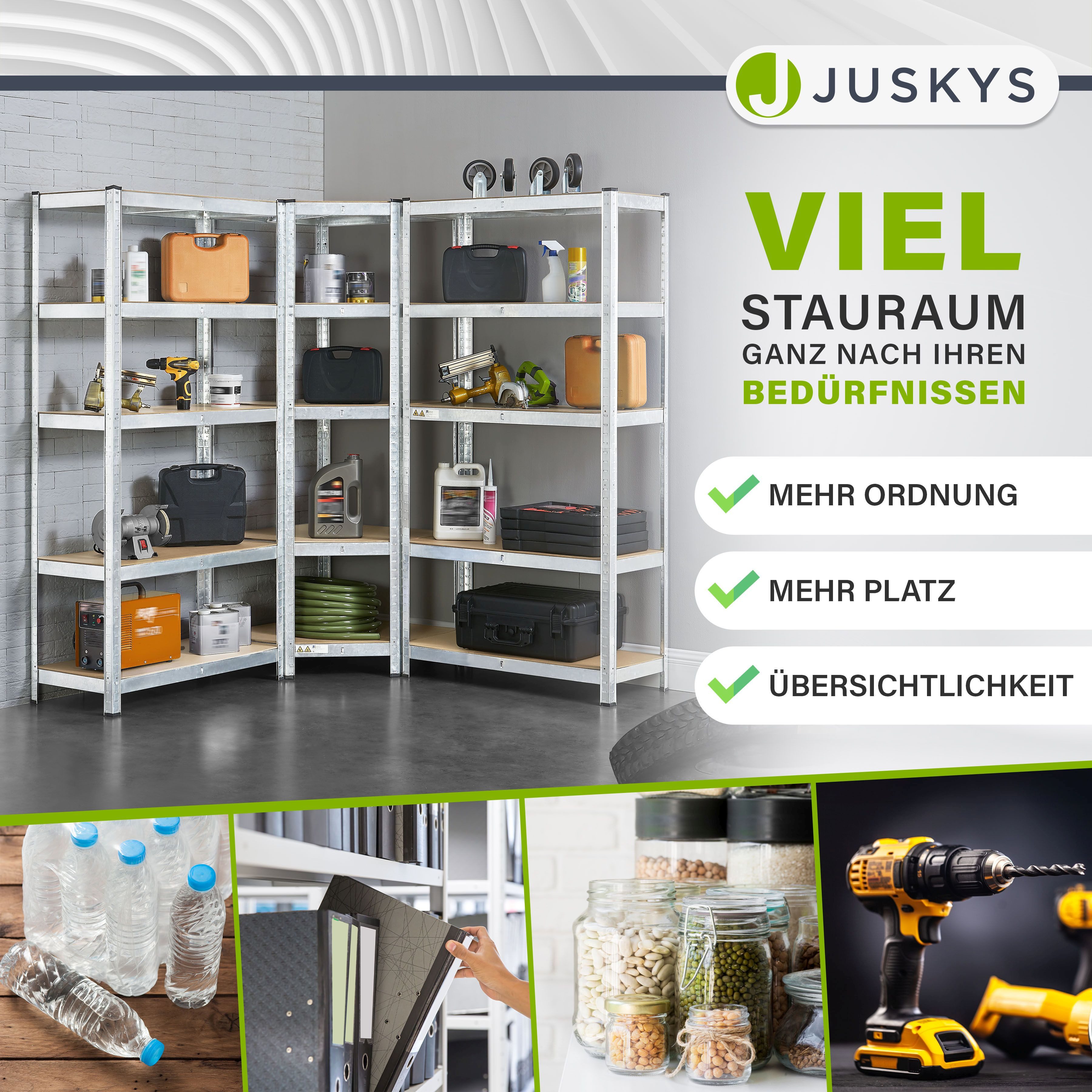 Juskys Schwerlastregal 3er Regalsystem, Kunststofffüße gegen Kratzer, flexibel aufbaubar