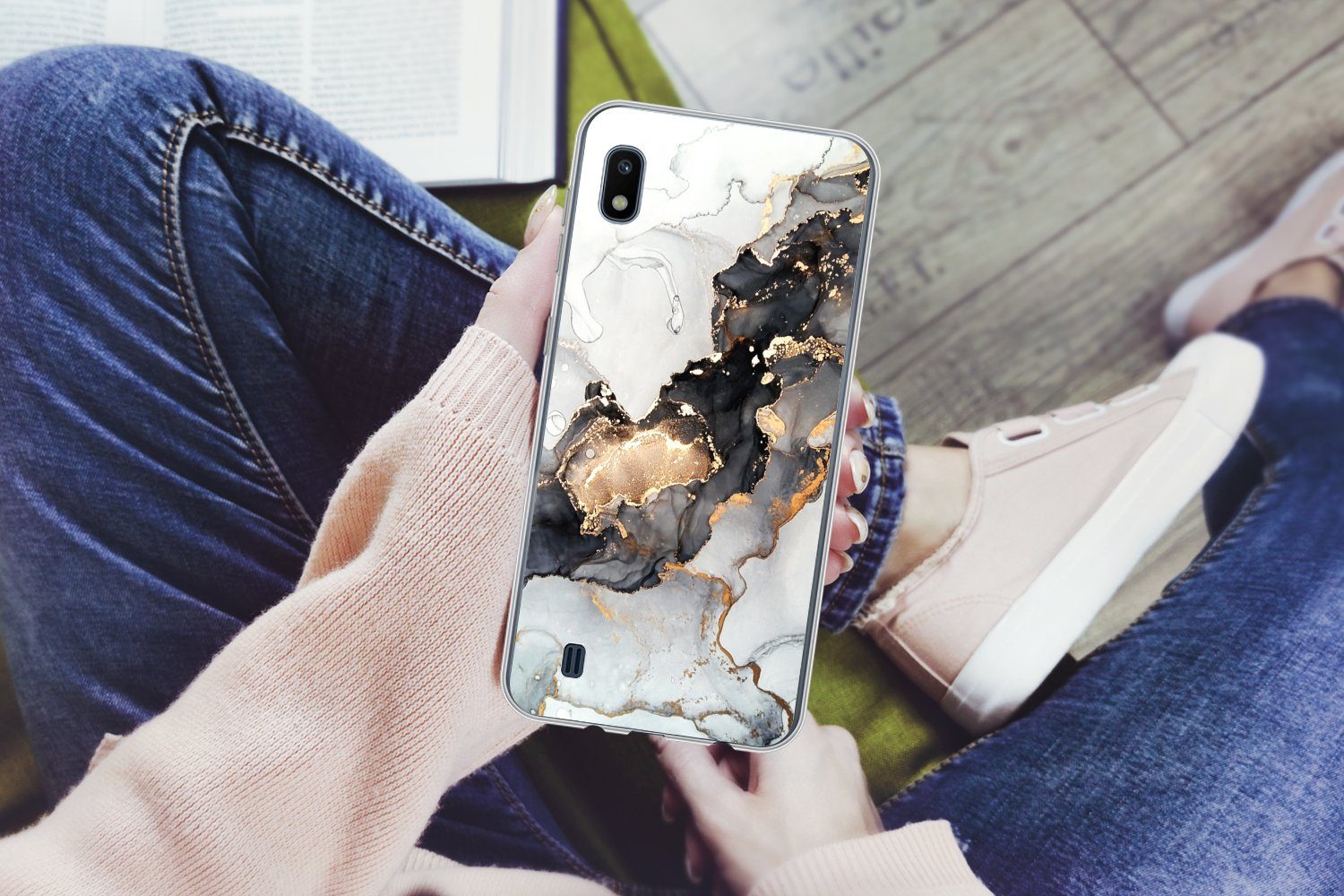 MuchoWow Handyhülle für Samsung Galaxy A10 Marmor - Schwarz - Weiß - Gold - Luxus - Abstra, Smartphone-Bumper, Print, Handy Schutzhülle Dünn