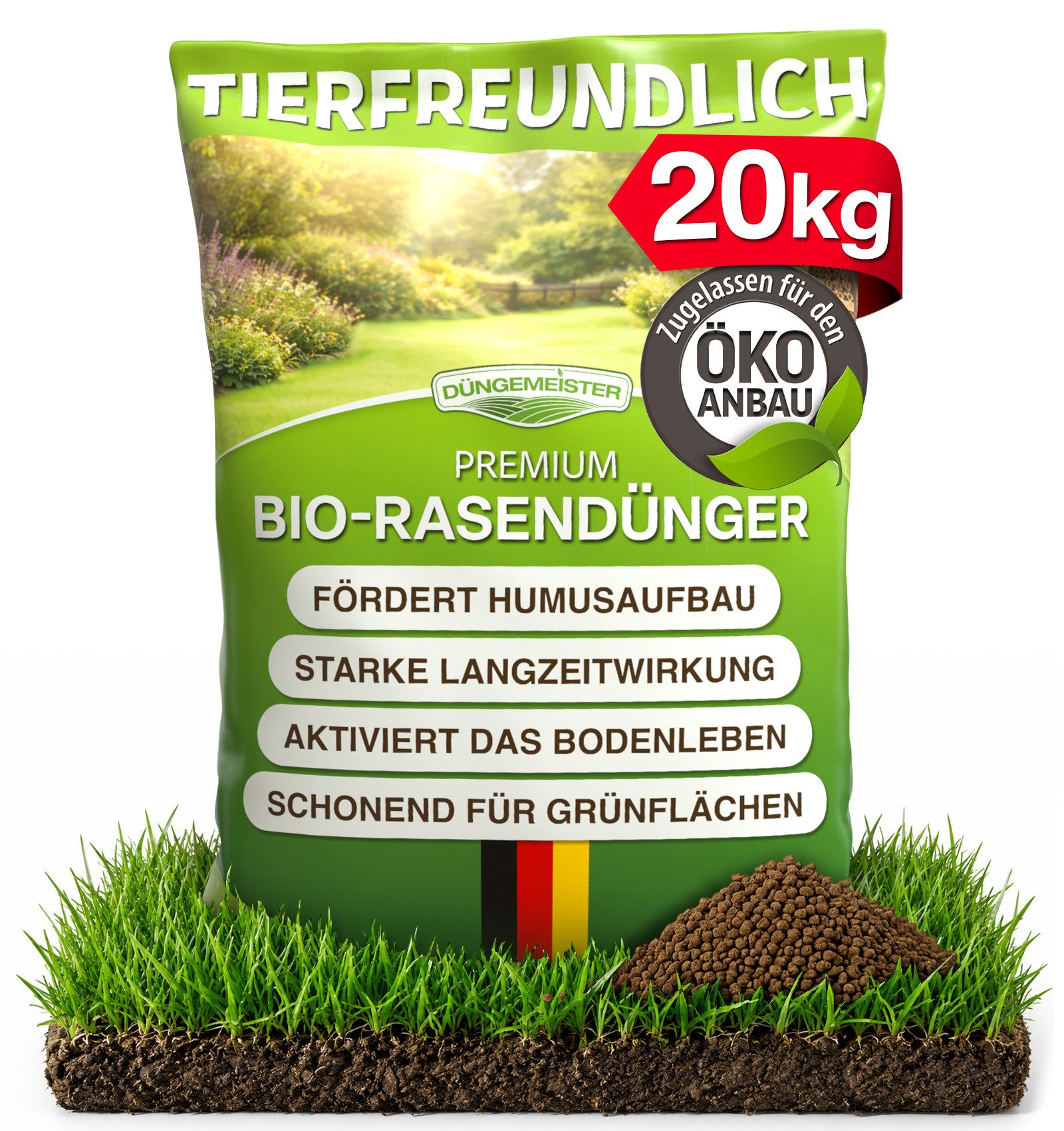 DÜNGEMEISTER Rasendünger BIO Rasen Dünger Premium NPK 9+3+6 in Bio-Qualität, aktiviert müde + ausgelaugte Böden, heilt Rasenlücken, kein Rasenfilz