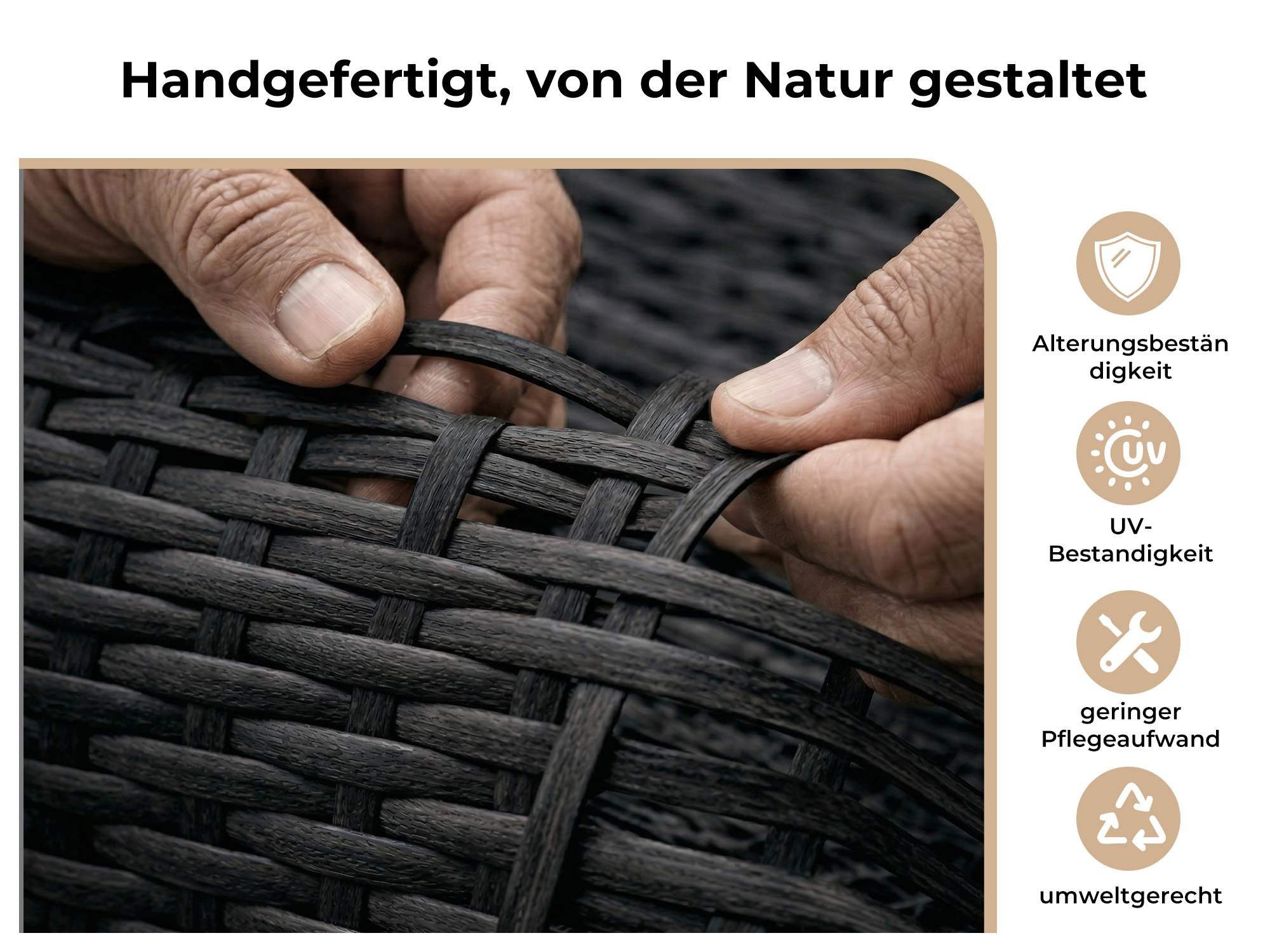 MeXo Gartenlounge-Set Poly-Rattan Gartenmöbel Set, (Balkonmöbel für kleinen Balkon, 4-tlg., 2-Sitzer Sofa, 2 Sessel & Tisch mit Stauraum), wetterfest & handgeflochten