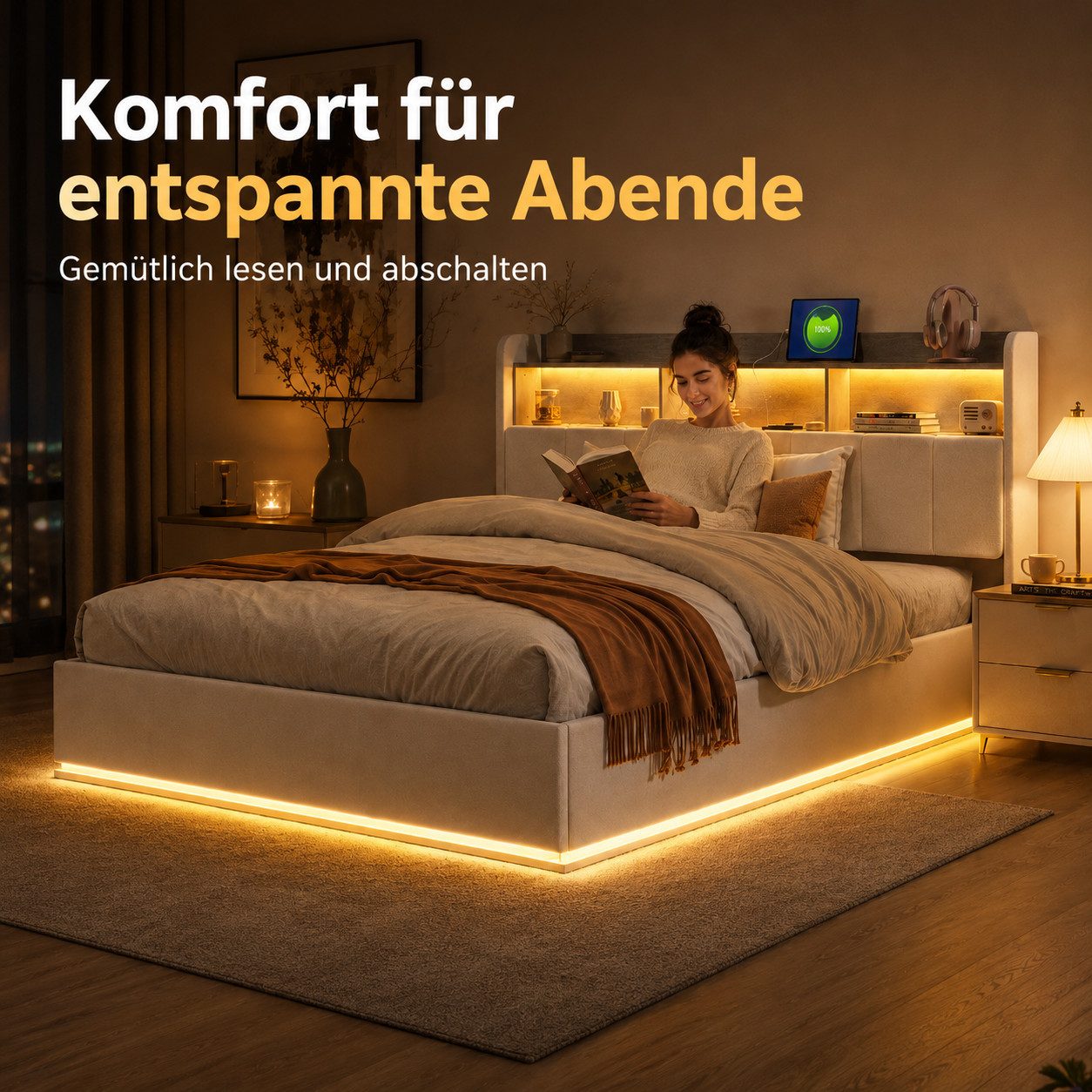 Simurq Polsterbett Stauraumbett 140x200 cm mit Bettkasten,LED,USB,Lattenrost,Samt (Jugendbett Bettgestell,großem Bettkasten, ohne Matratze, Doppelbett mit LED-B – Bild 3 von 5