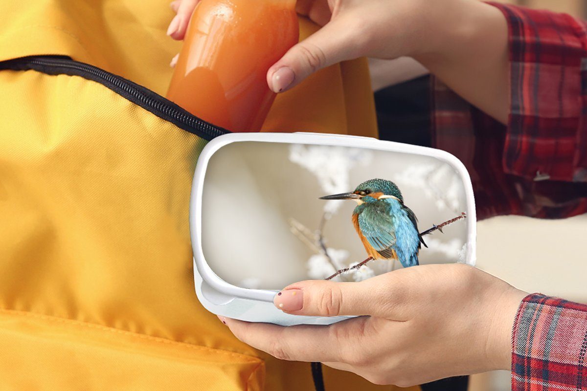 Lunchbox Erwachsene, MuchoWow und für Eisvogel Mädchen für (2-tlg), Brotbox Äste, weiß Jungs Kinder - Brotdose, und - Schnee Kunststoff,