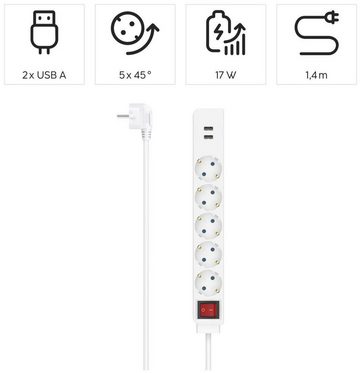 Hama Steckdosenleiste 7-fach (Ein- / Ausschalter, USB-Anschlüsse, Schutzkontaktkupplung, Schutzkontaktstecker, Kabellänge 1,4 m), 2 x USB-A